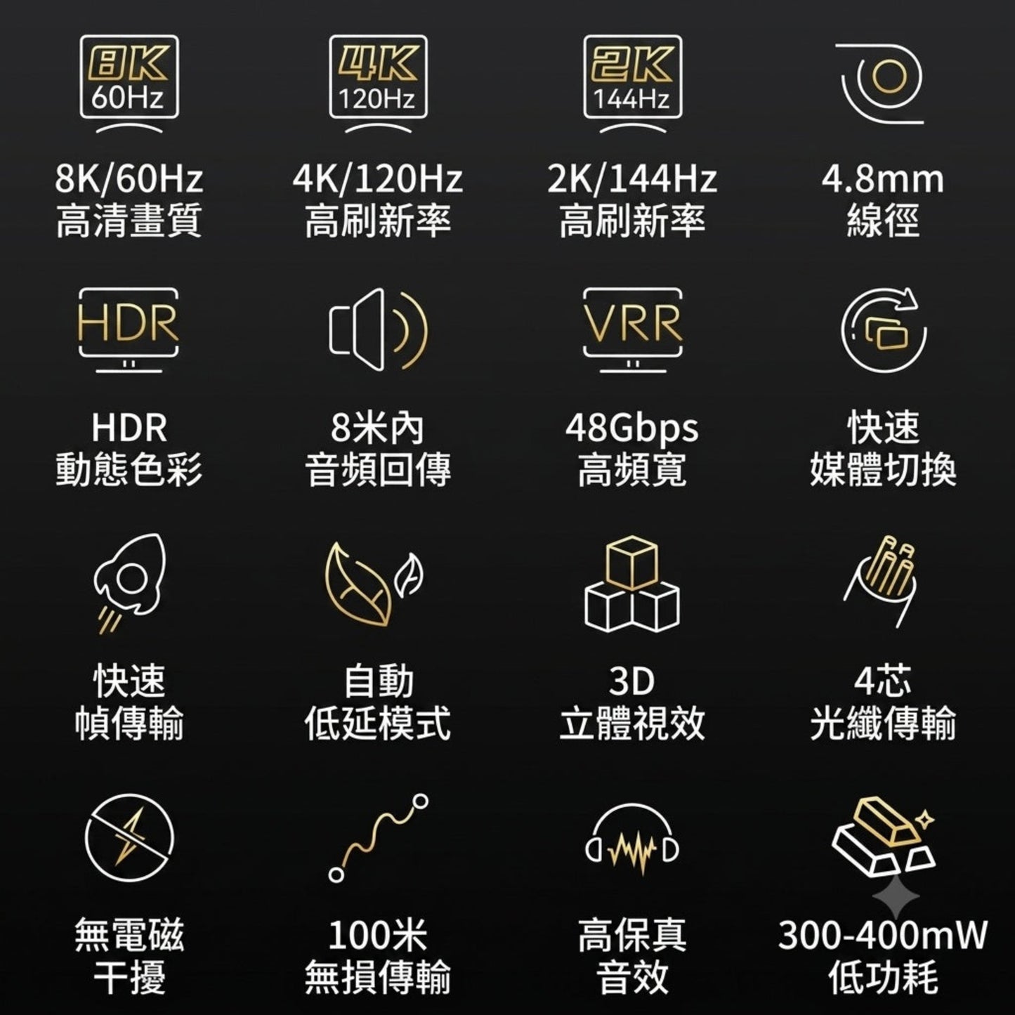DTECH 8K 線全面規格：支援 4K 120Hz、VRR、eARC 及無電磁干擾，滿足發燒玩家與商業工程需求。