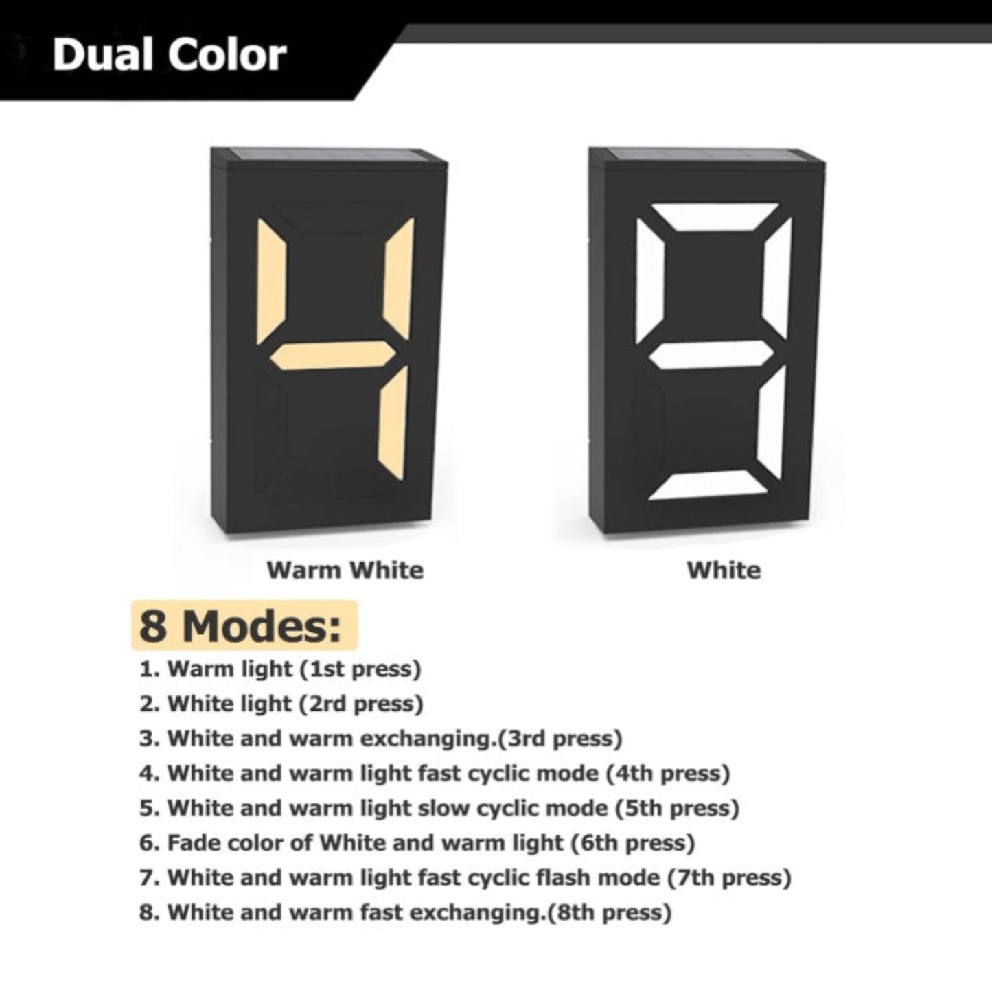 Solar house number showing warm white and cool white dual color lighting options and 8 modes.