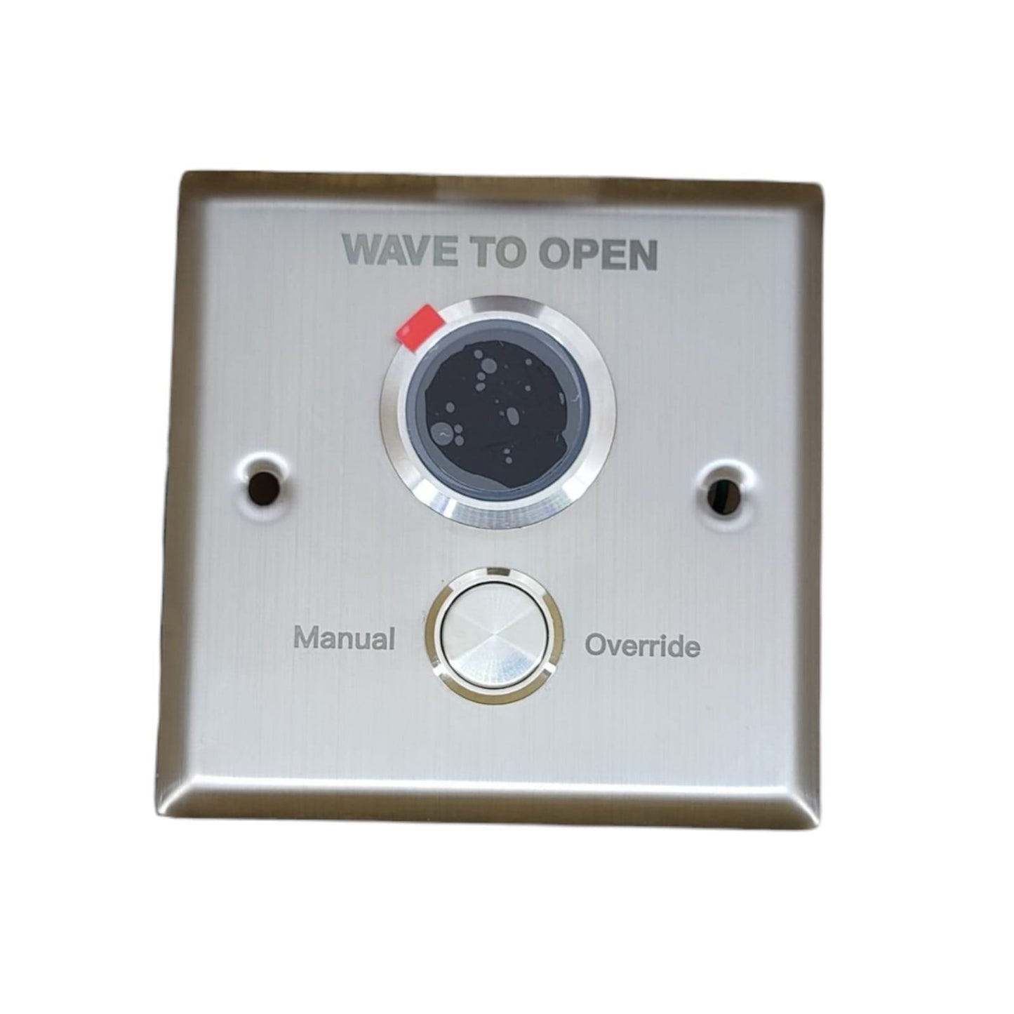 Front view of a stainless steel 'Wave to Open' exit switch with a manual override button.