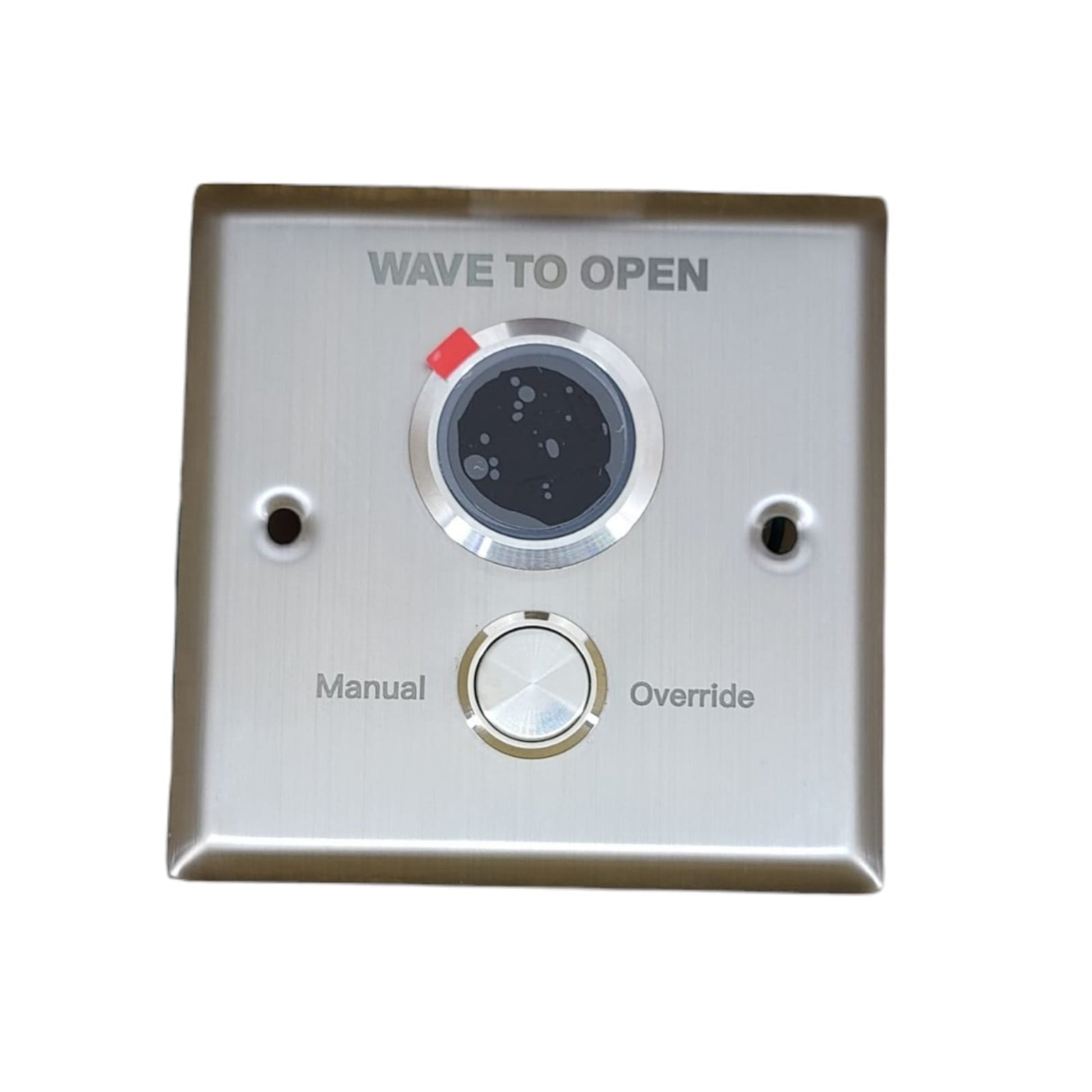 Front view of a stainless steel 'Wave to Open' exit switch with a manual override button.