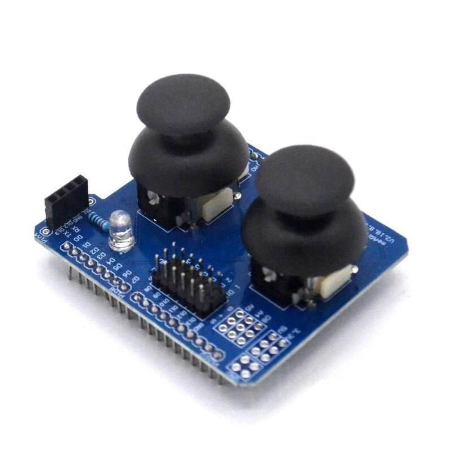 Side view of dual joystick shield highlighting the 18-pin (3x6) socket for NRF24L01/Bluetooth wireless modules and LED.