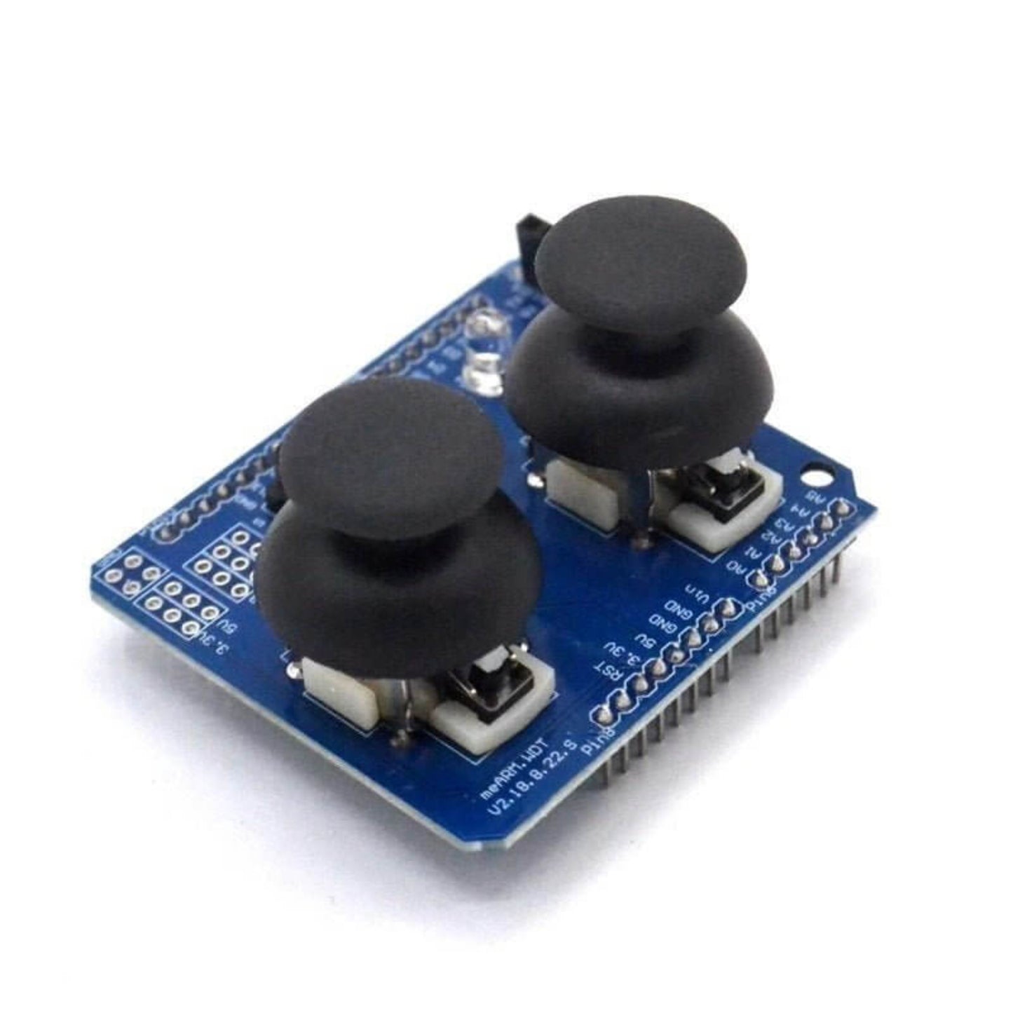Top view of Arduino UNO dual joystick shield, showing two joysticks and side pin headers.