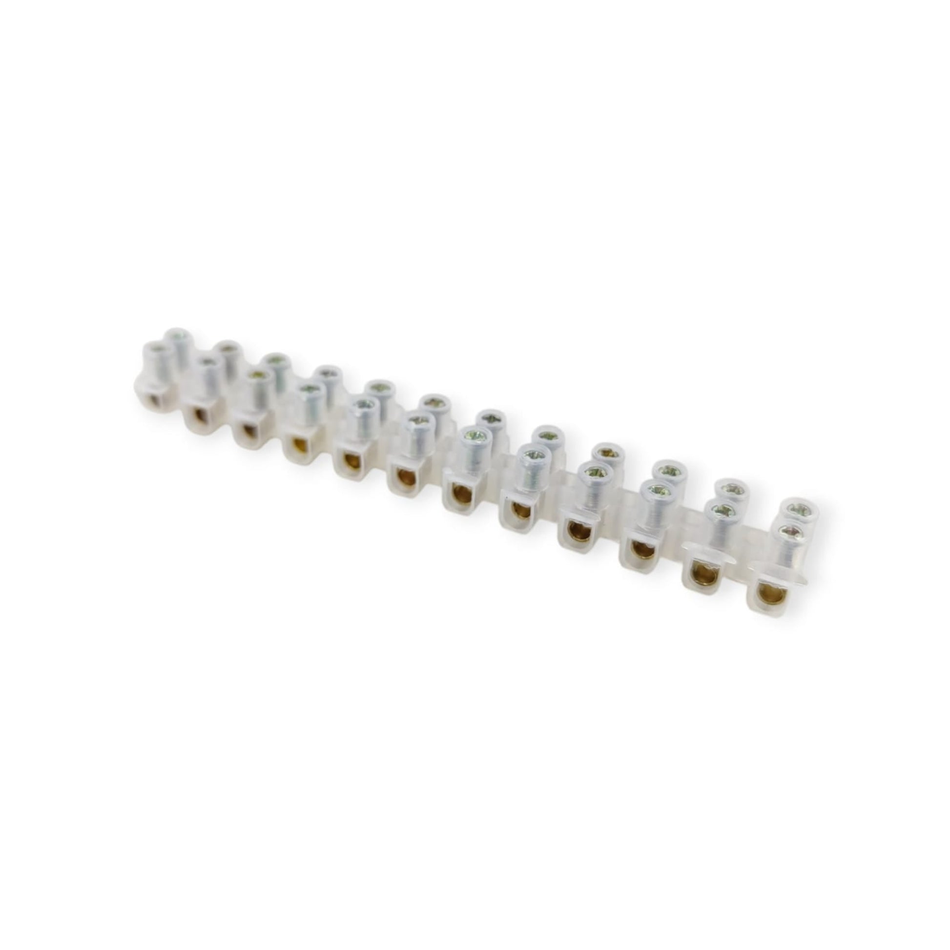 A close-up of a 12-position white plastic screw terminal block on a white background.