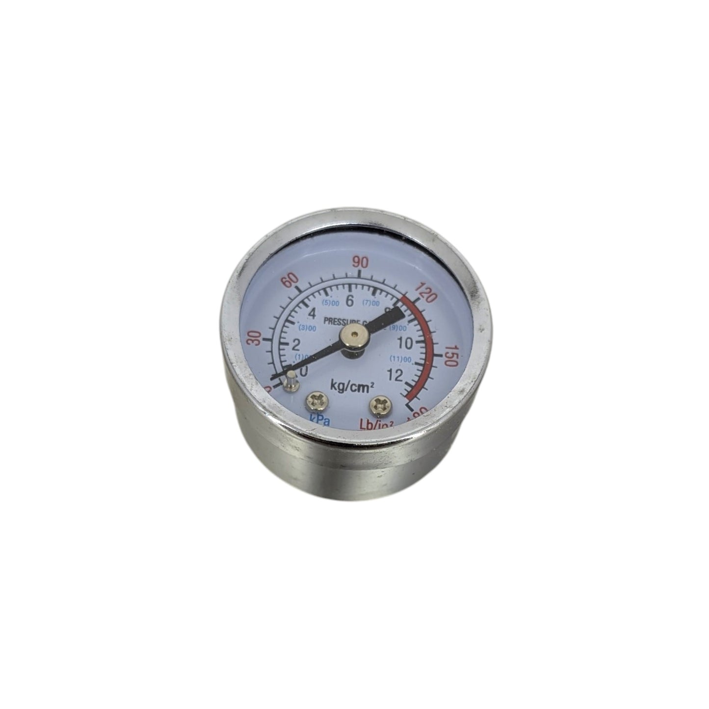 Close up of the pressure gauge dial face, displaying both 0-12 kg/cm2 and 0-180 Lb/in2 (PSI) measurements clearly.