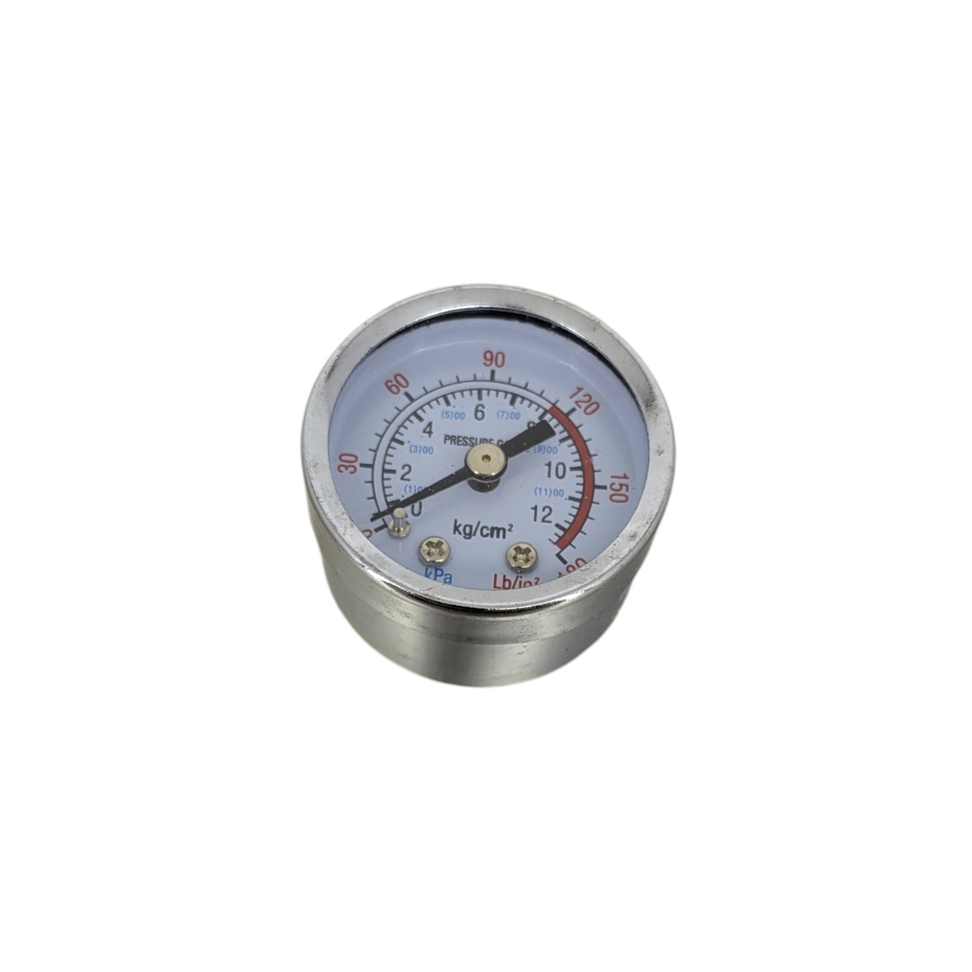 Close up of the pressure gauge dial face, displaying both 0-12 kg/cm2 and 0-180 Lb/in2 (PSI) measurements clearly.