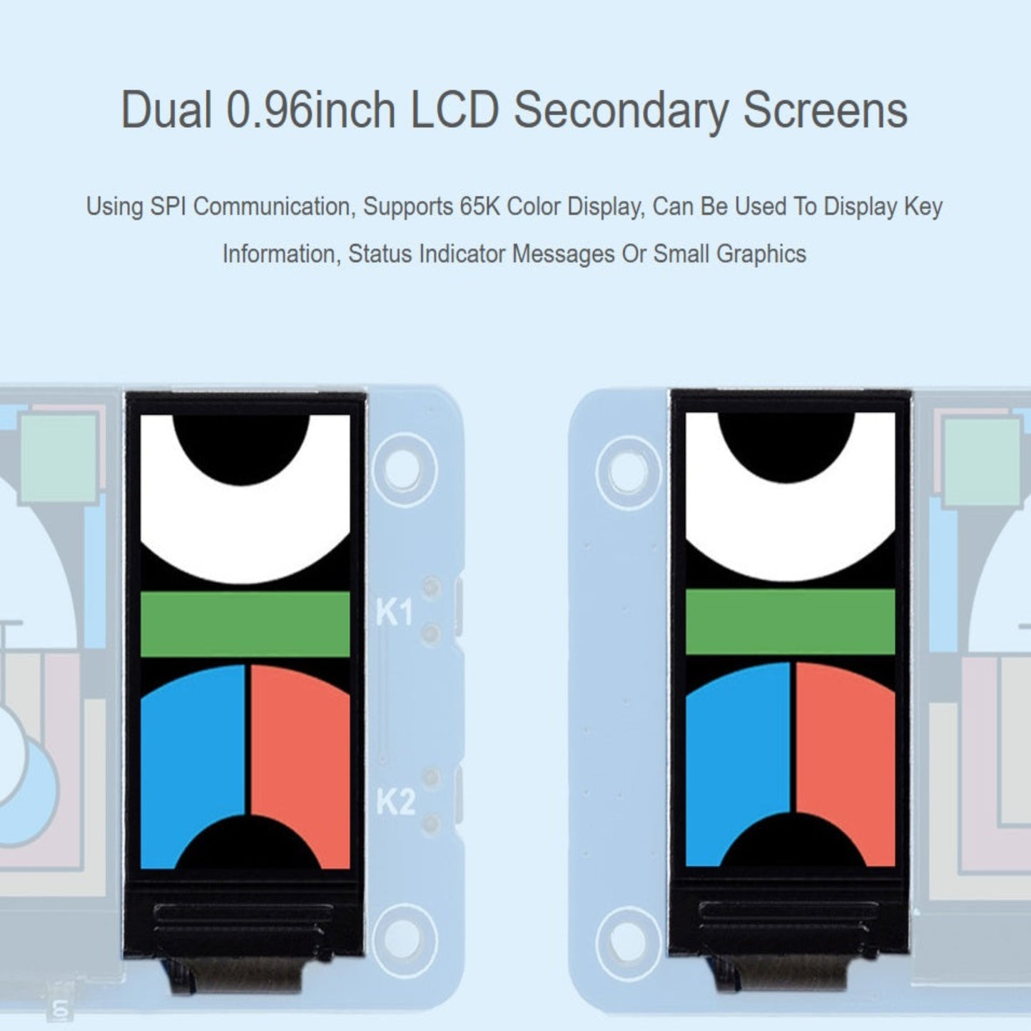 Dual 0.96-inch secondary LCD screens for status indicators and small graphics using ST7735S driver.
