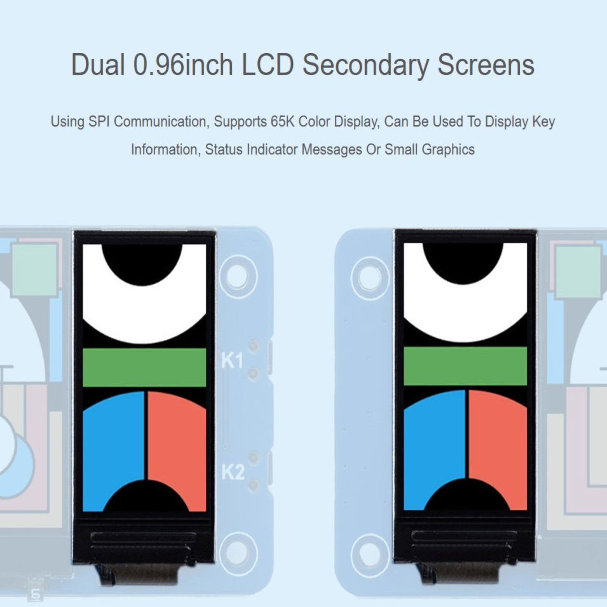 Dual 0.96-inch secondary LCD screens for status indicators and small graphics using ST7735S driver.
