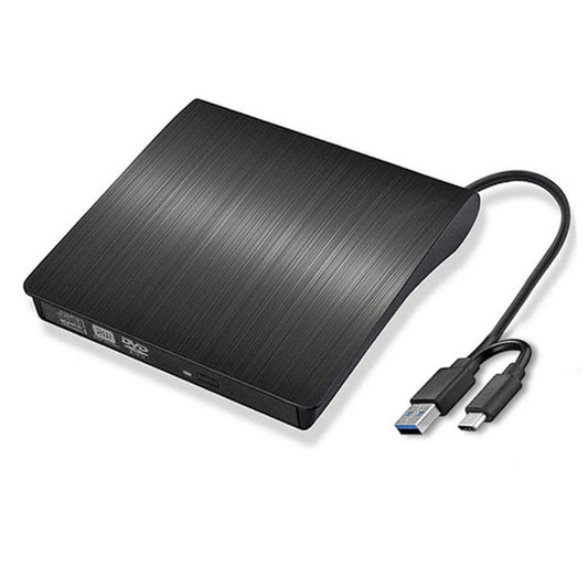 Black dual USB 3.0 and Type-C external optical drive enclosure angled view.