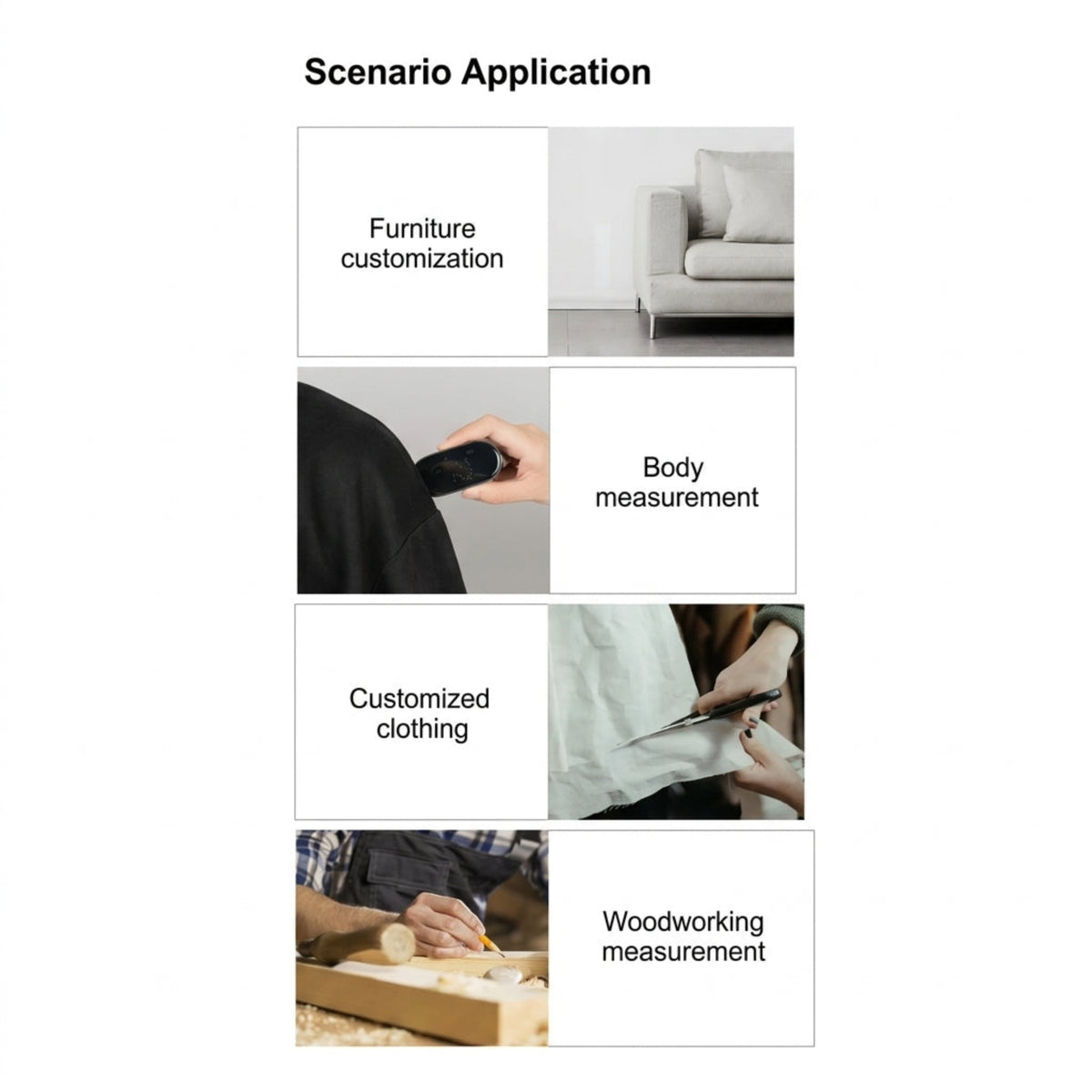 Usage scenarios including furniture, body measurement, clothing tailoring, and woodworking.