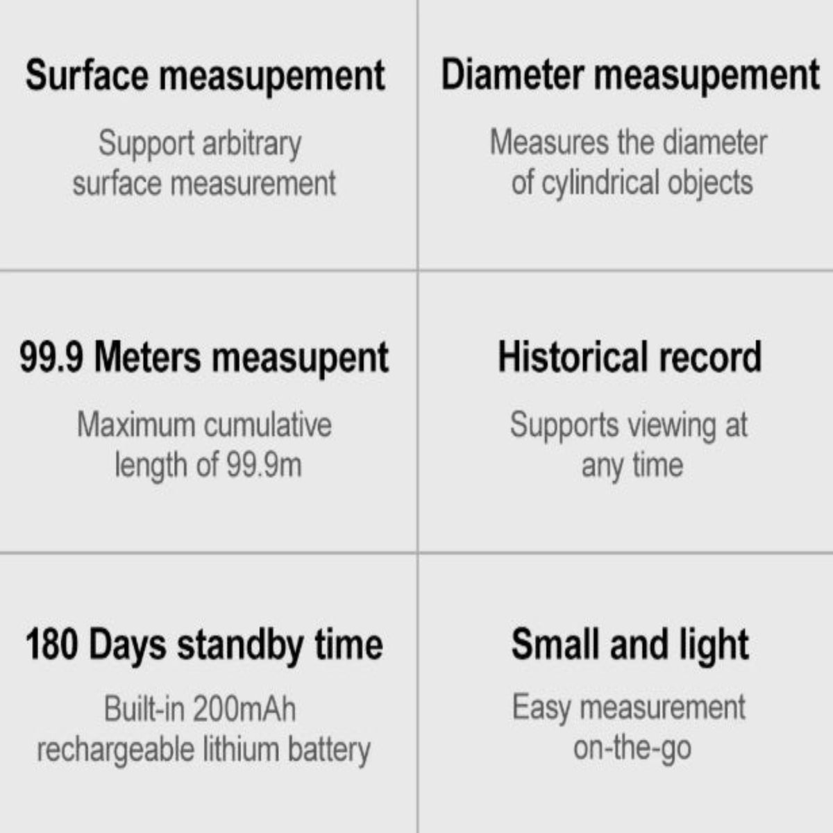 Feature summary chart for DUKA ATuMan Q2 digital ruler showing 99.9m range and 180-day standby.