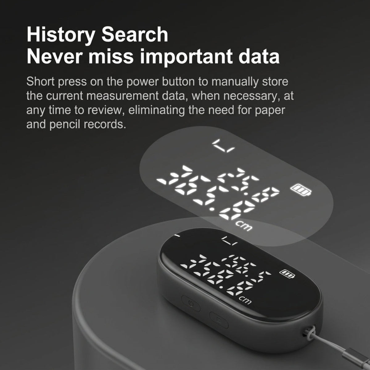 DUKA ATuMan Q2 digital tape measure displaying historical measurement data recall.