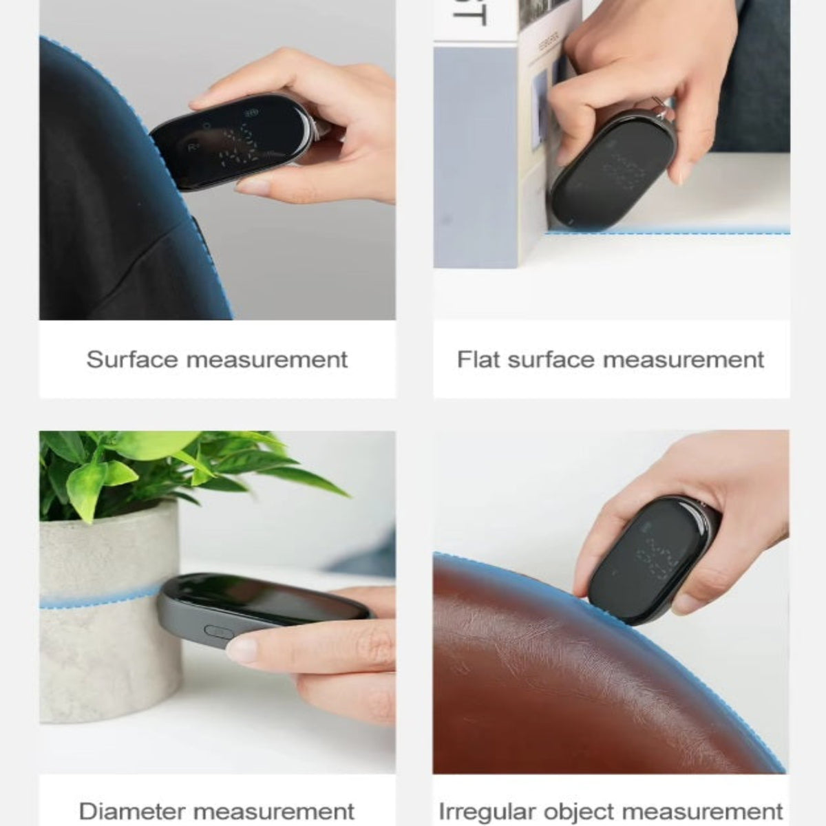 Four measurement modes: surface, flat surface, diameter, and irregular object measuring.