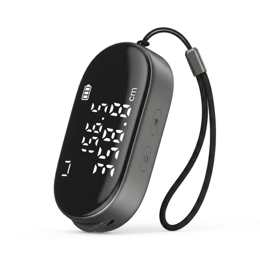 DUKA ATuMan Q2 Mini Digital Electronic Ruler with LCD screen and lanyard strap.