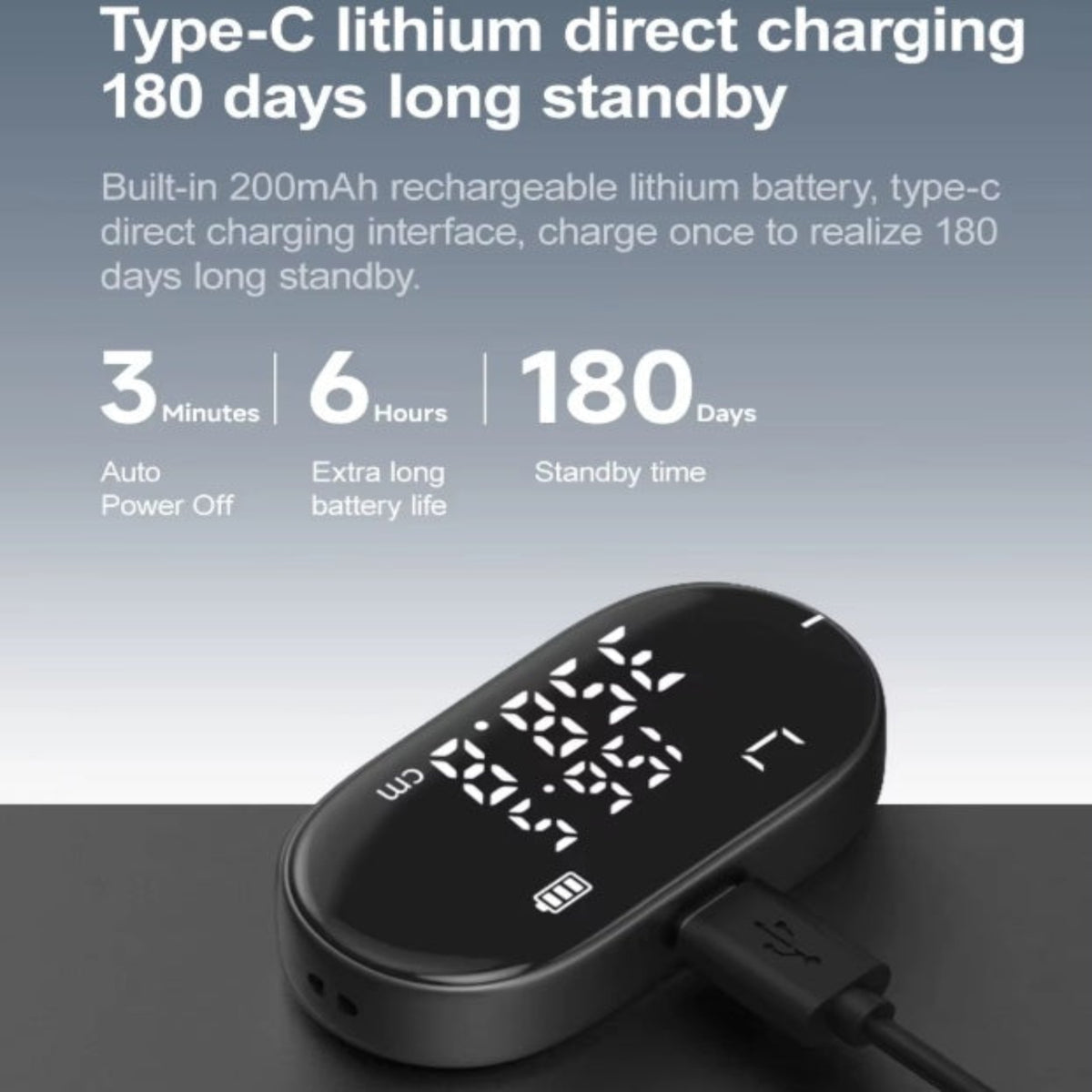 DUKA ATuMan Q2 tape measure charging via Type-C port with 180-day battery standby.