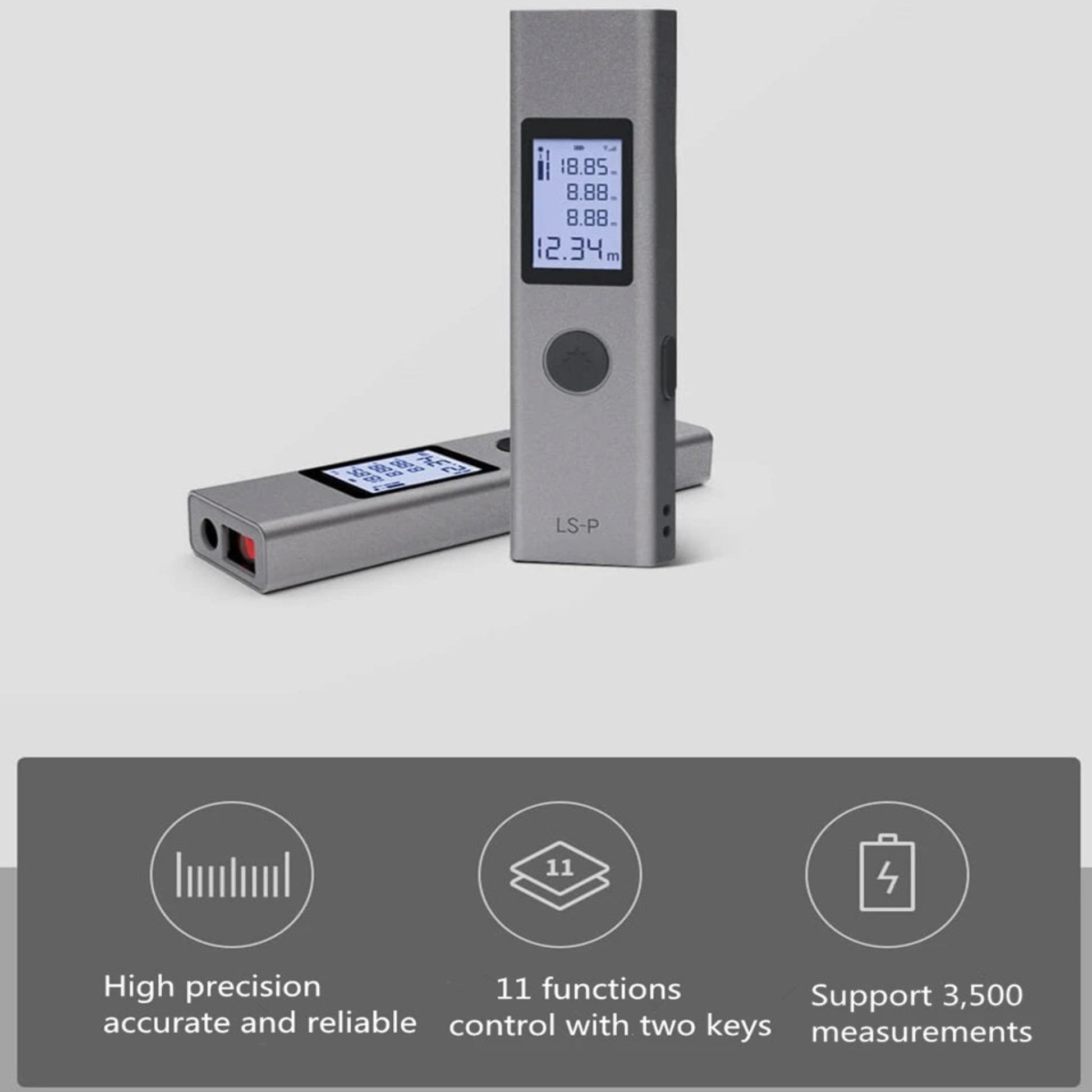 Duka LS-P Laser Measure range finder with LCD display, showing precision measurements and key functions.
