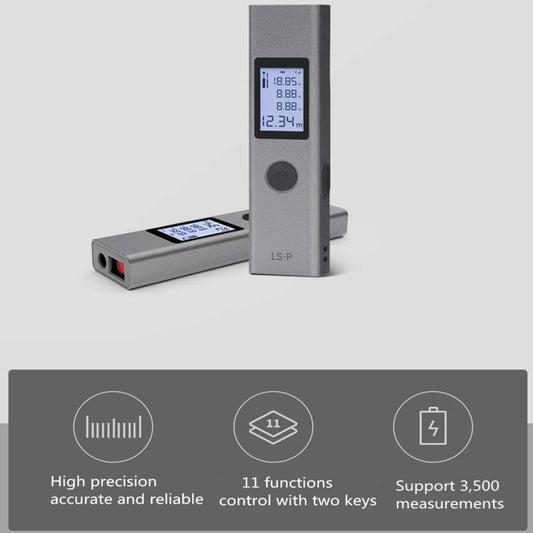 Duka LS-P Laser Measure range finder with LCD display, showing precision measurements and key functions.