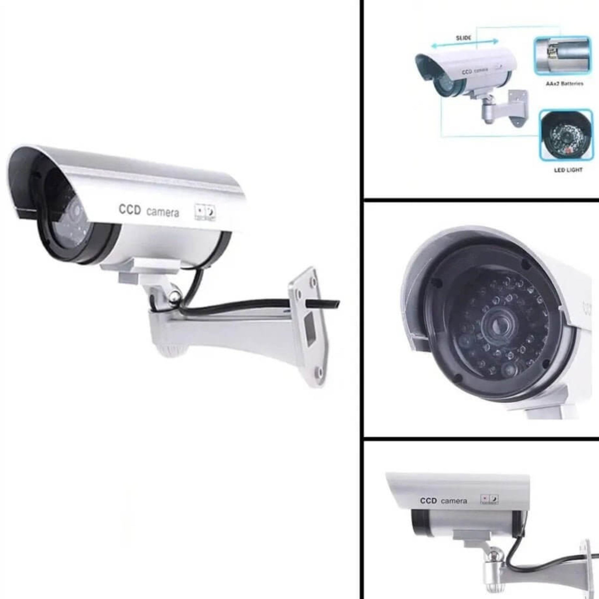 Realistic dummy security camera with flashing LED, ideal for deterring crime in homes and businesses.