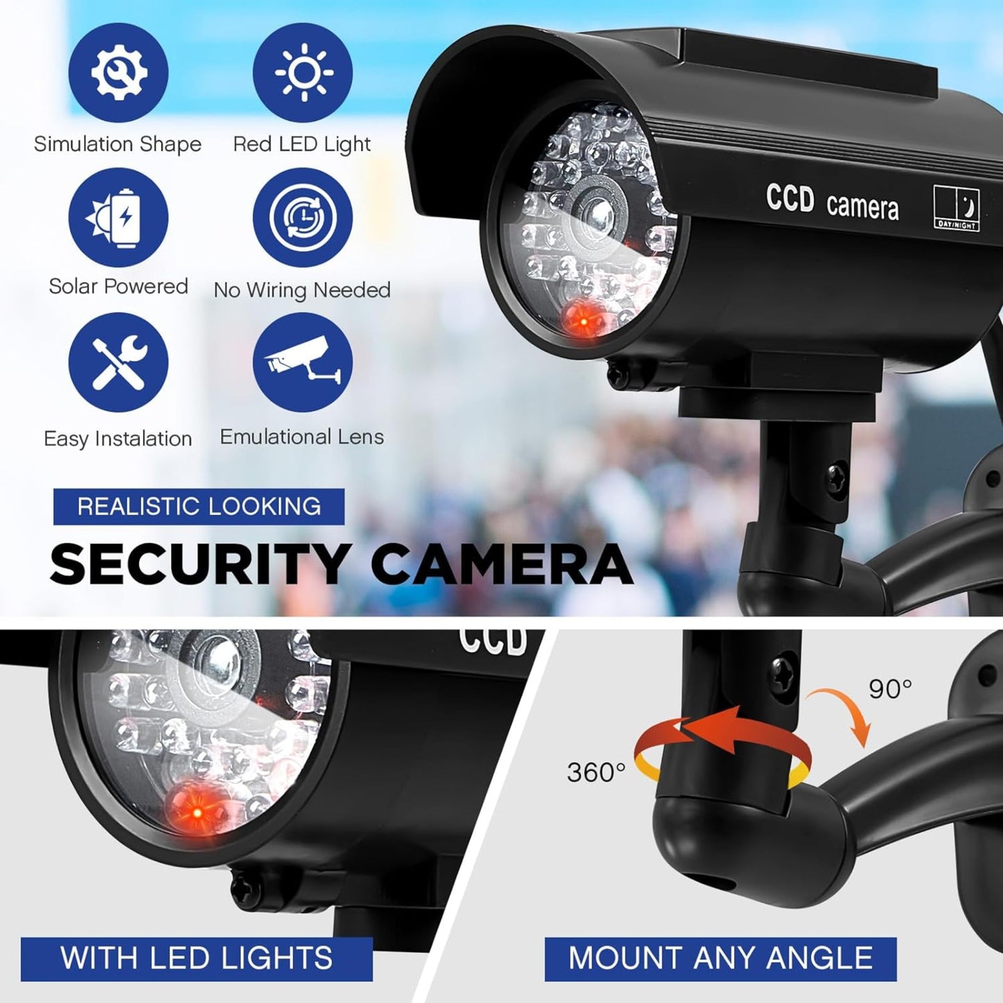 模擬鏡頭特點：閃爍紅燈、太陽能供電、免拉線設計。Dummy CCTV features: red LED, solar-powered, no wiring.