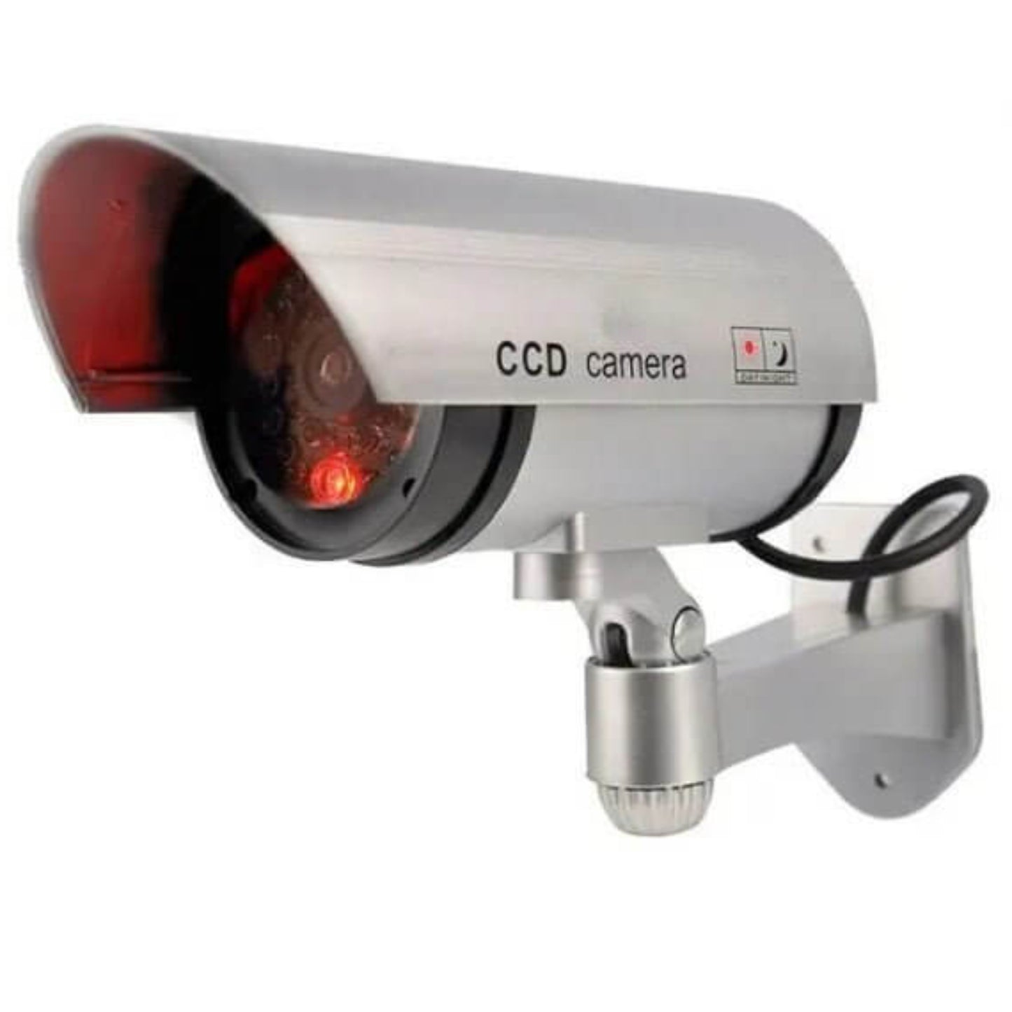 Realistic dummy security camera with flashing LED light for home and business protection against theft and vandalism.