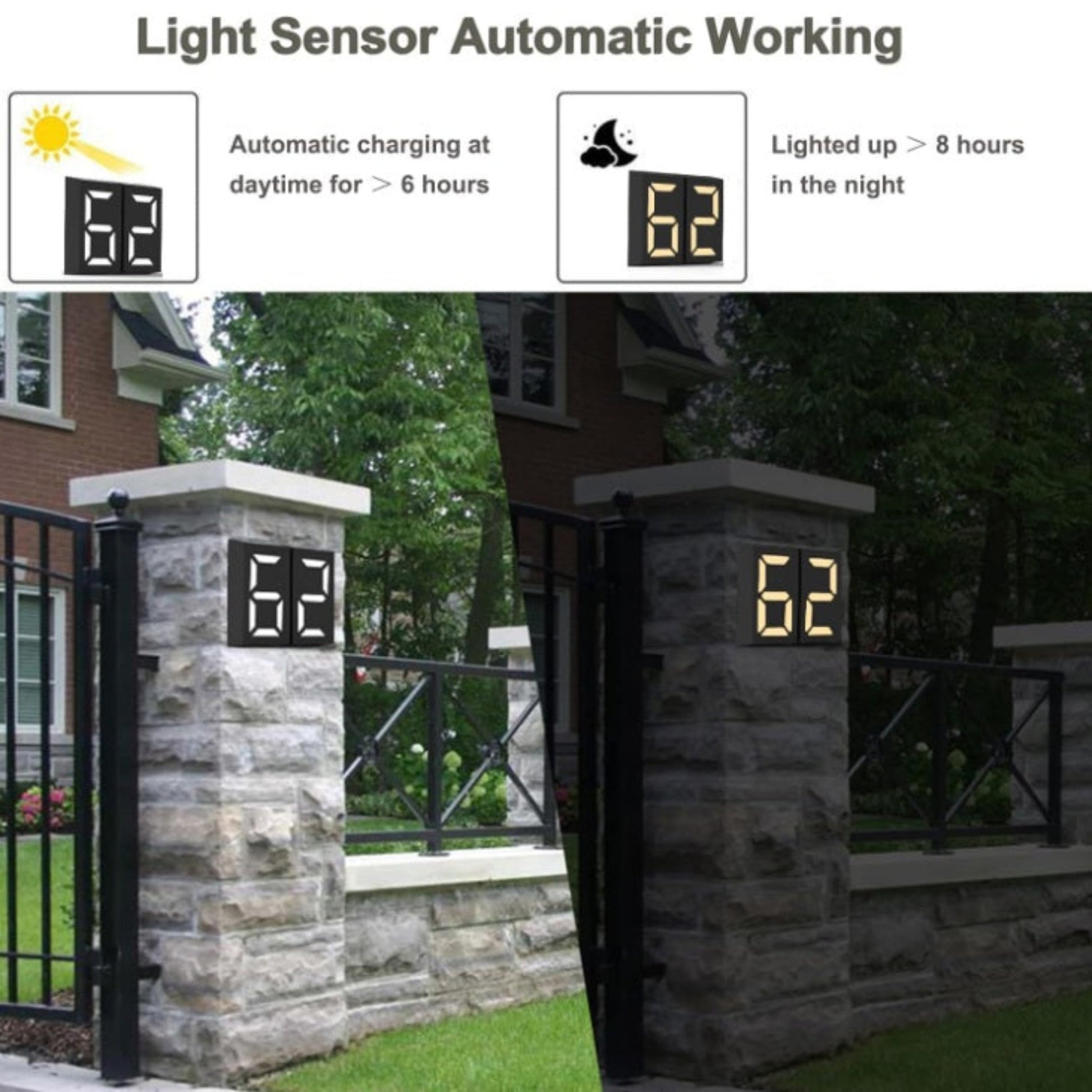 Light sensor automatic working process showing solar charging during the day and illumination at night on a stone fence.