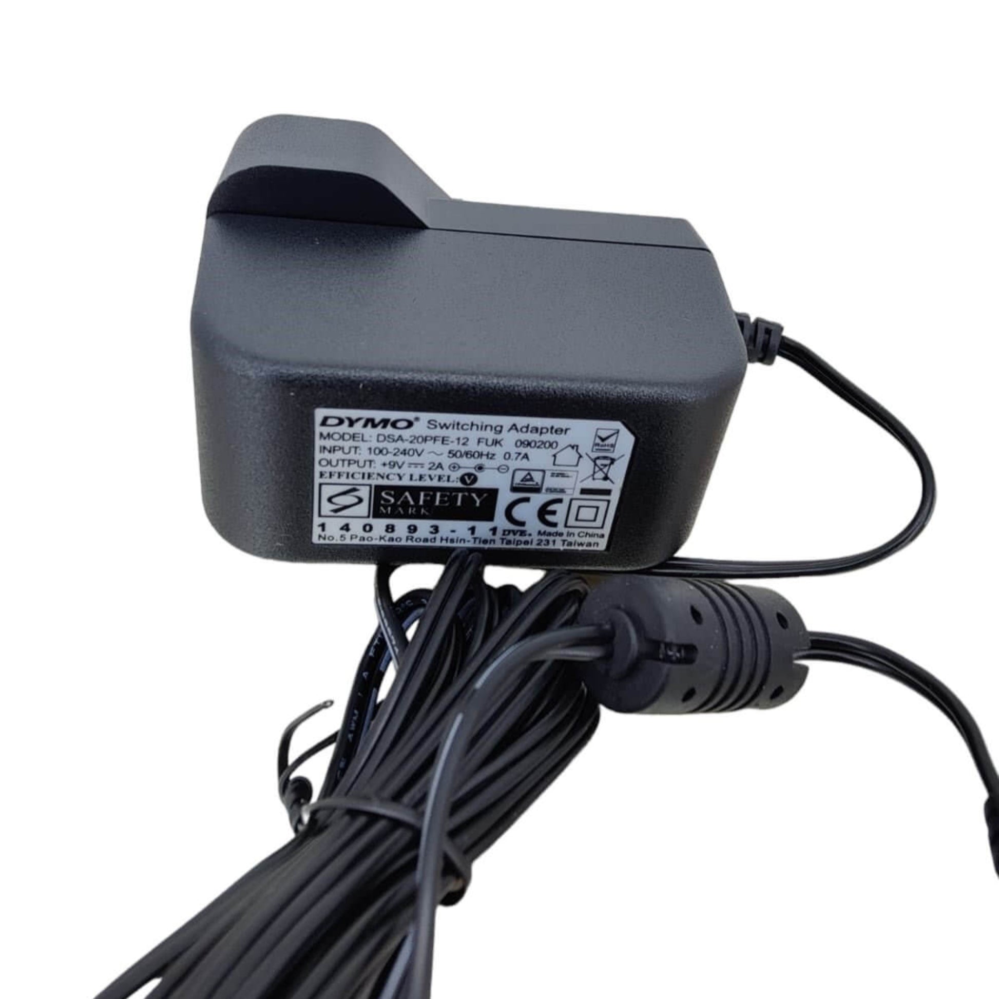 9V 2A switching adapter with UK plug, featuring center negative polarity and DC output, ideal for keyboards and guitar pedals.
