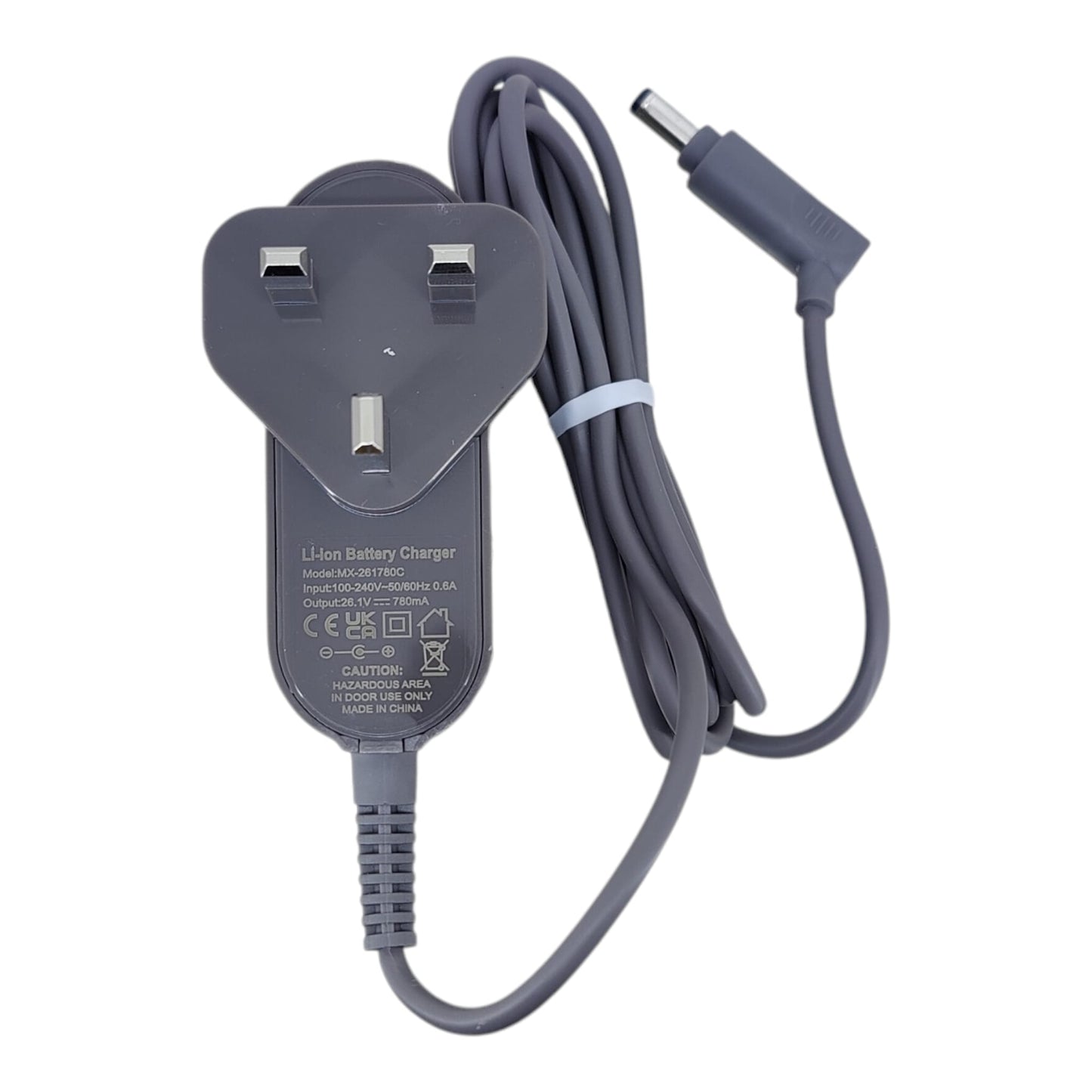 Front view of the 26.1V replacement charger for Dyson V8 with UK 3-pin plug.