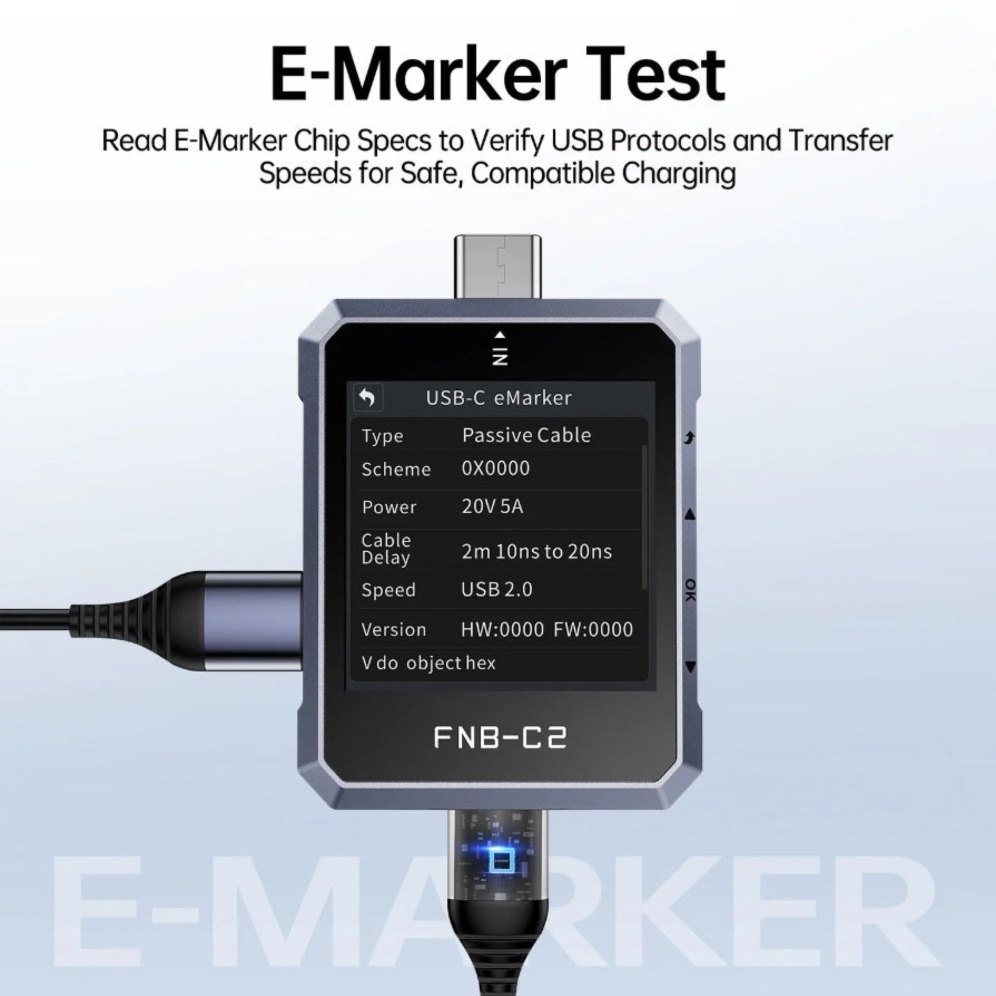 FNB-C2 reading E-Marker chip specs to verify USB-C cable protocols and safety.