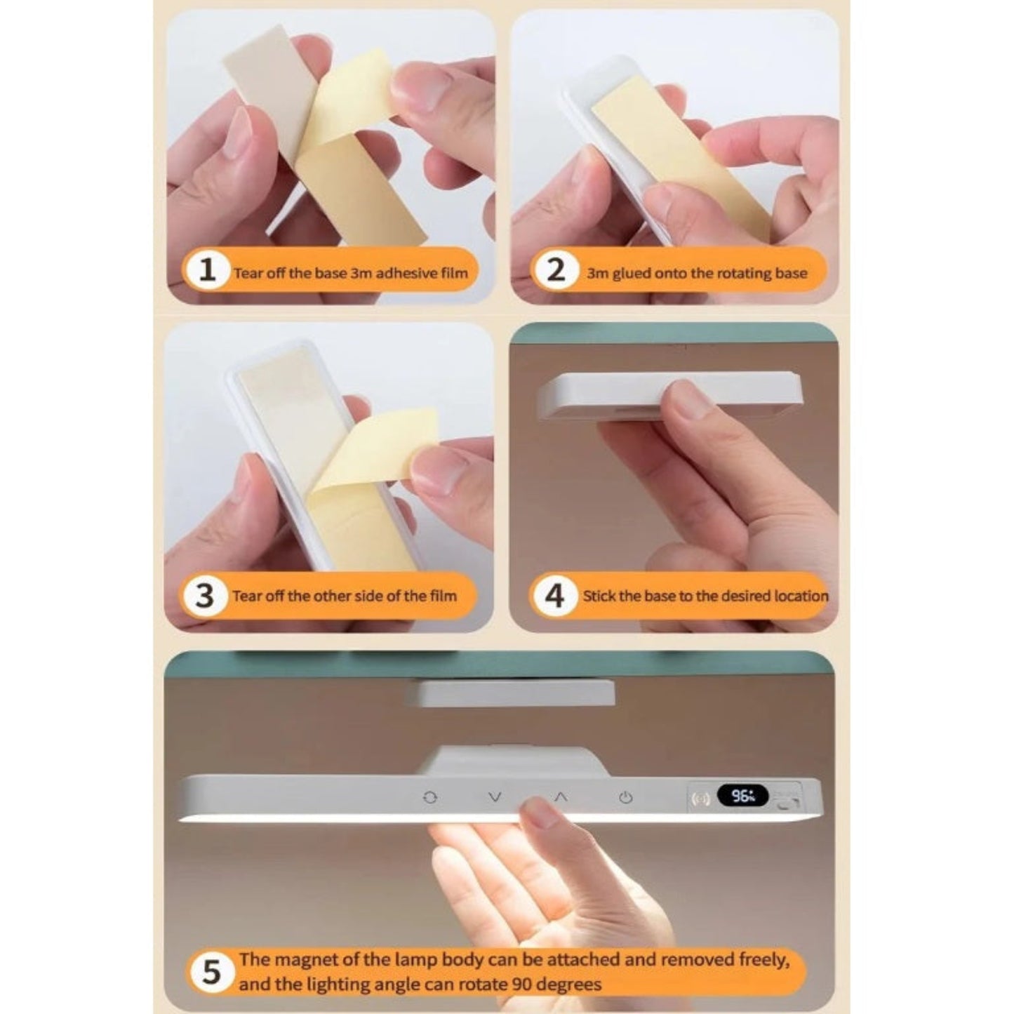 5-step installation guide using 3M adhesive and the detachable magnetic rotating base.