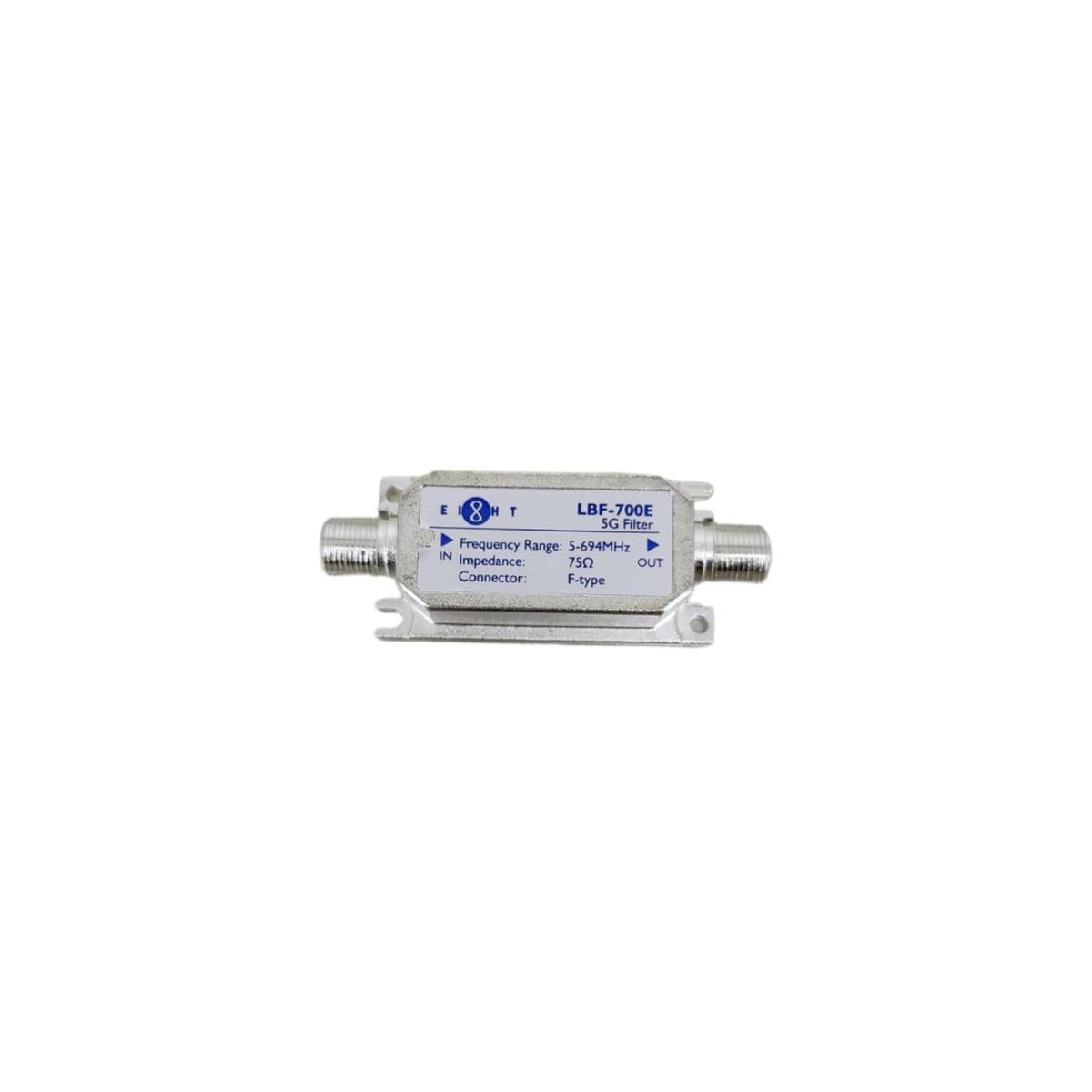 8仔 EIGHT LBF-700E 室內 5G 訊號波段過濾器正面圖，標示了 5-694MHz 的電視訊號通過範圍。
