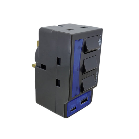 Front view of EIGHT MP3P2UA 3-way multi-plug adaptor with independent switches