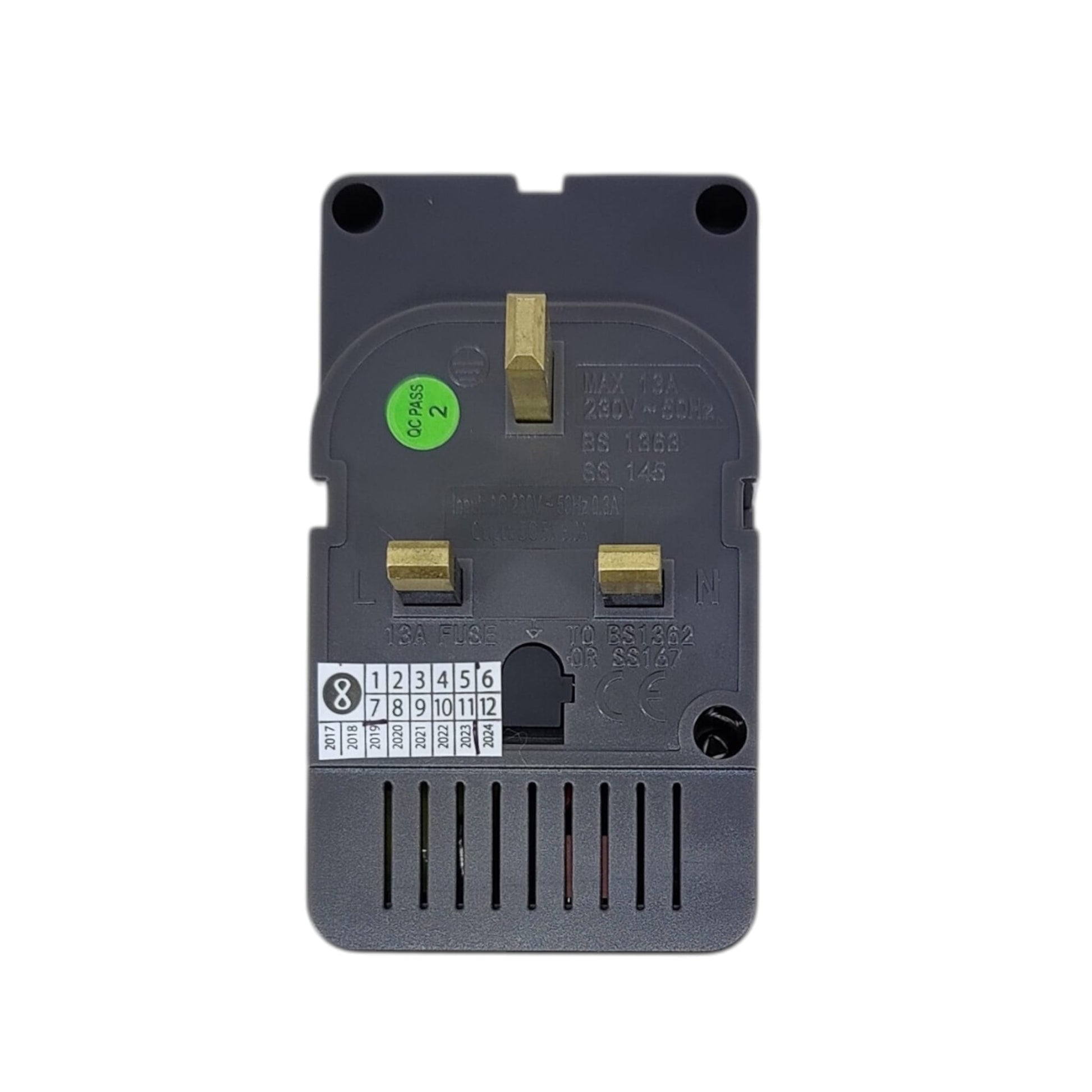 Back view showing UK 3-pin plug and 13A fuse on EIGHT adaptor