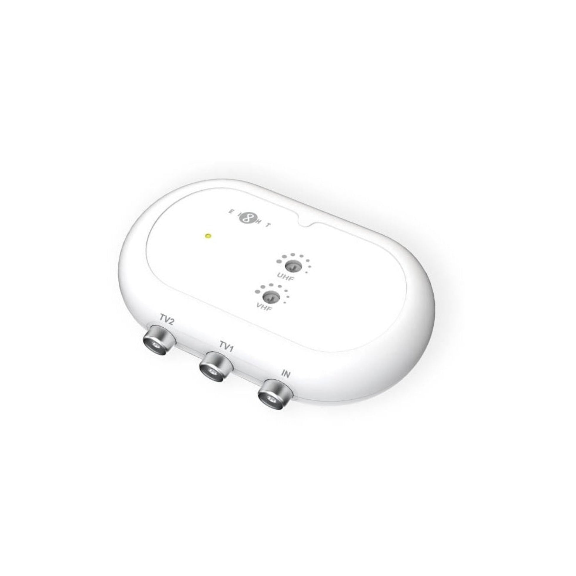 A white Eight TV signal booster showing IN, TV1, and TV2 ports and adjustable gain controls for UHF and VHF frequencies.