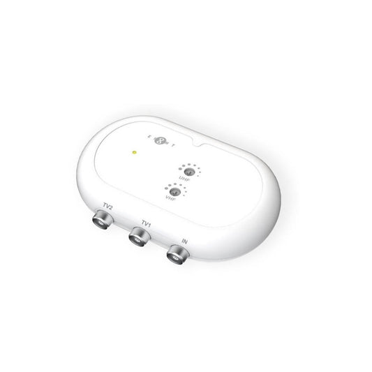 A white Eight TV signal booster showing IN, TV1, and TV2 ports and adjustable gain controls for UHF and VHF frequencies.