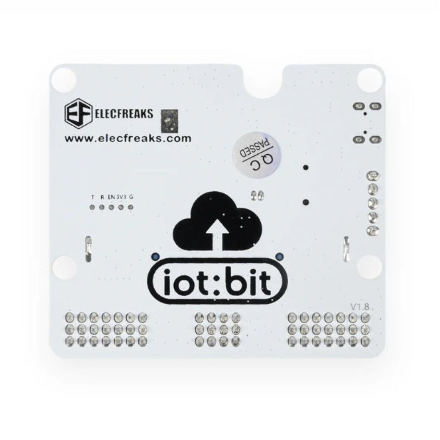 Back view of the ELECFREAKS IoT:bit PCB board showing branding and mounting holes.