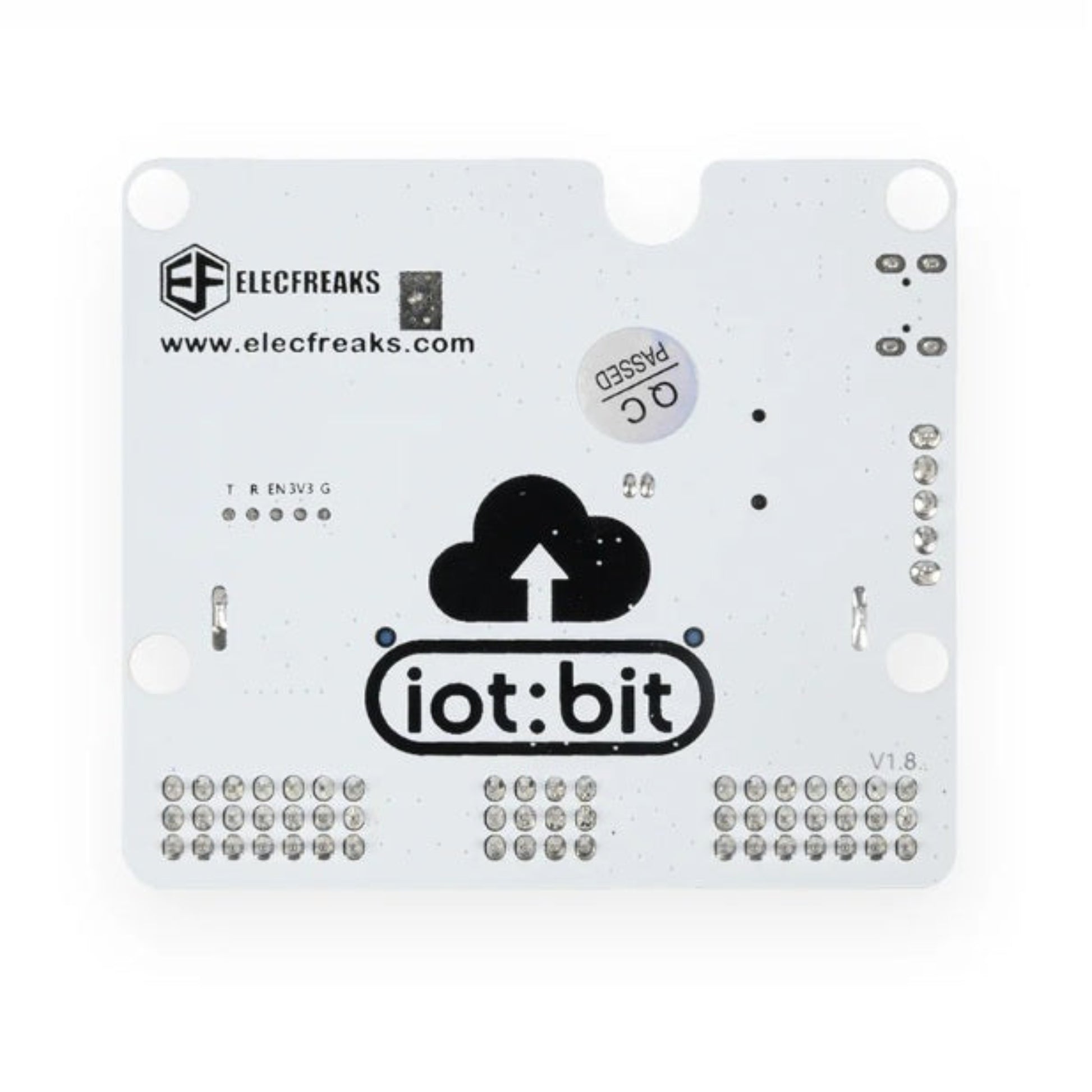 Back view of the ELECFREAKS IoT:bit PCB board showing branding and mounting holes.