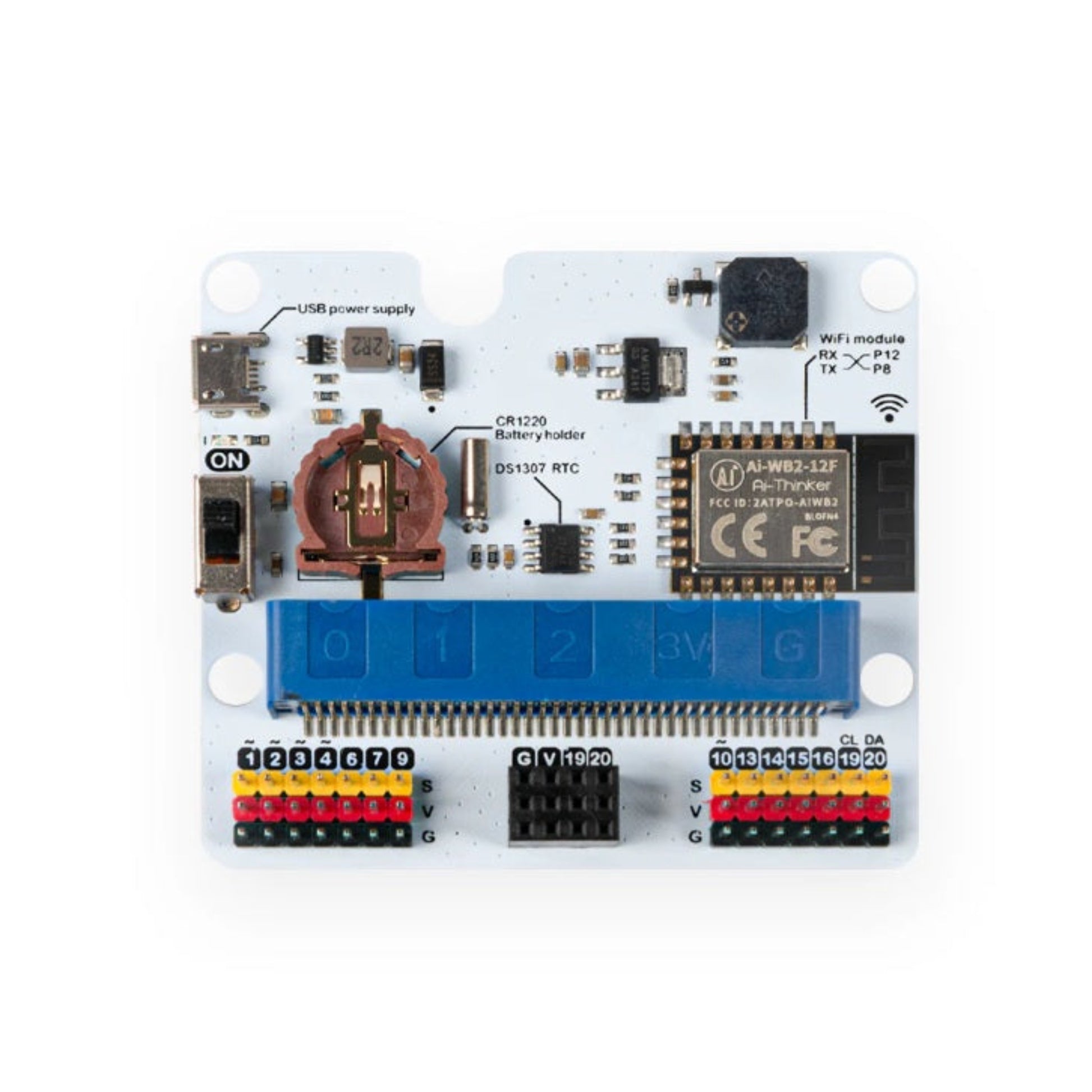 Top view of ELECFREAKS IoT:bit showing ESP8266 module, battery holder, and pin headers.