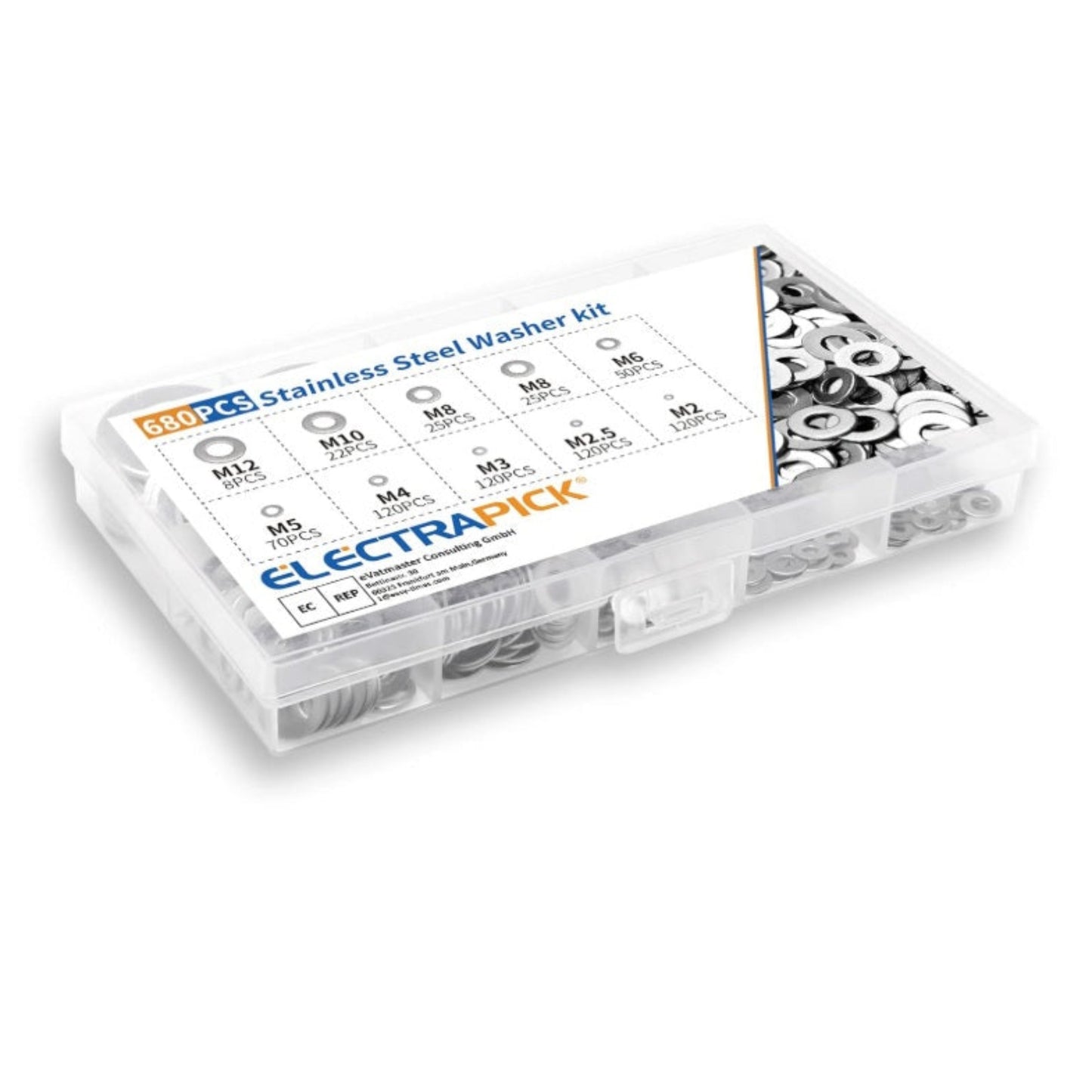 Electrapick 680-piece stainless steel washer kit in a portable clear plastic organizer case.