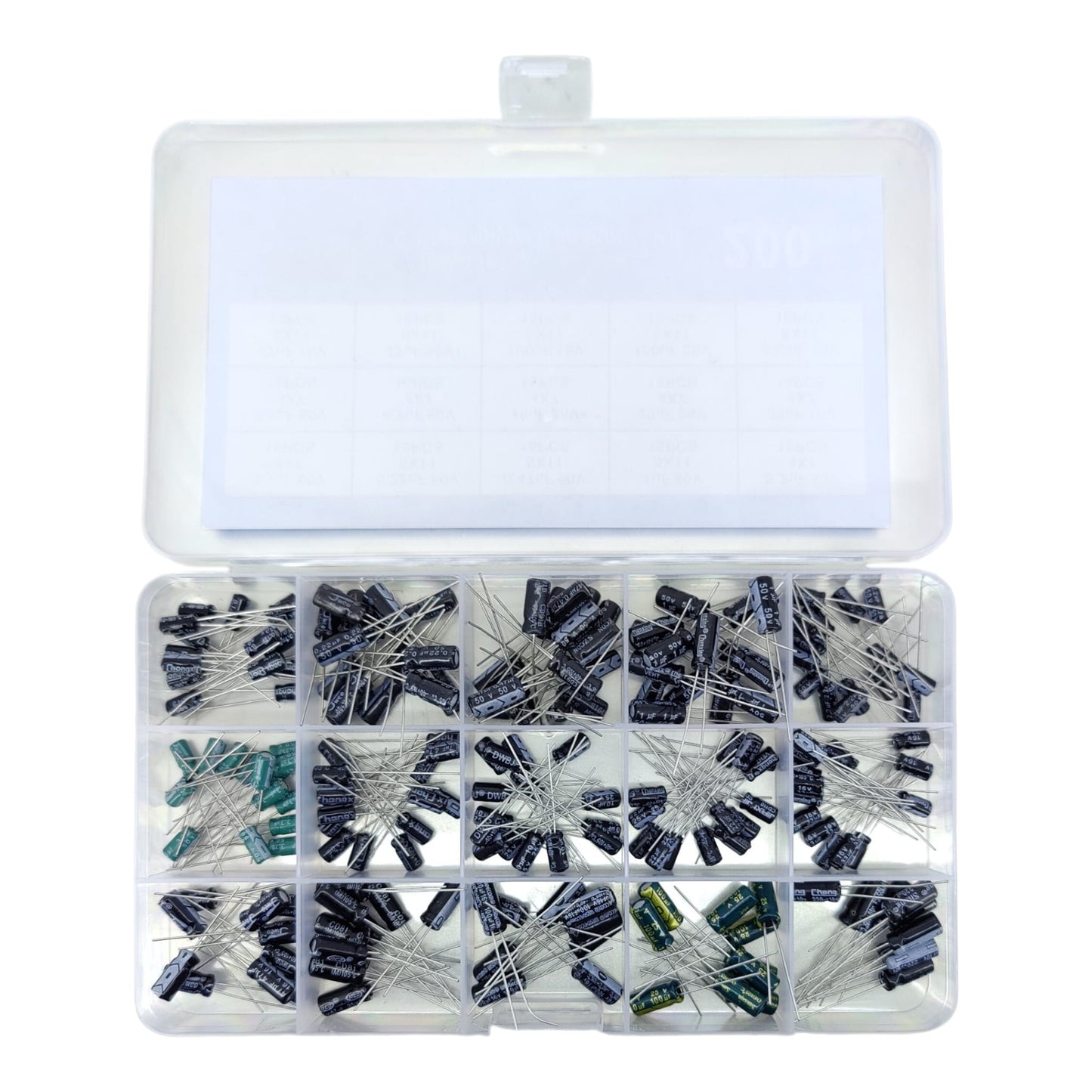 Top-down view of 200pcs electrolytic capacitor assortment kit with 15 values in a transparent organizer box.