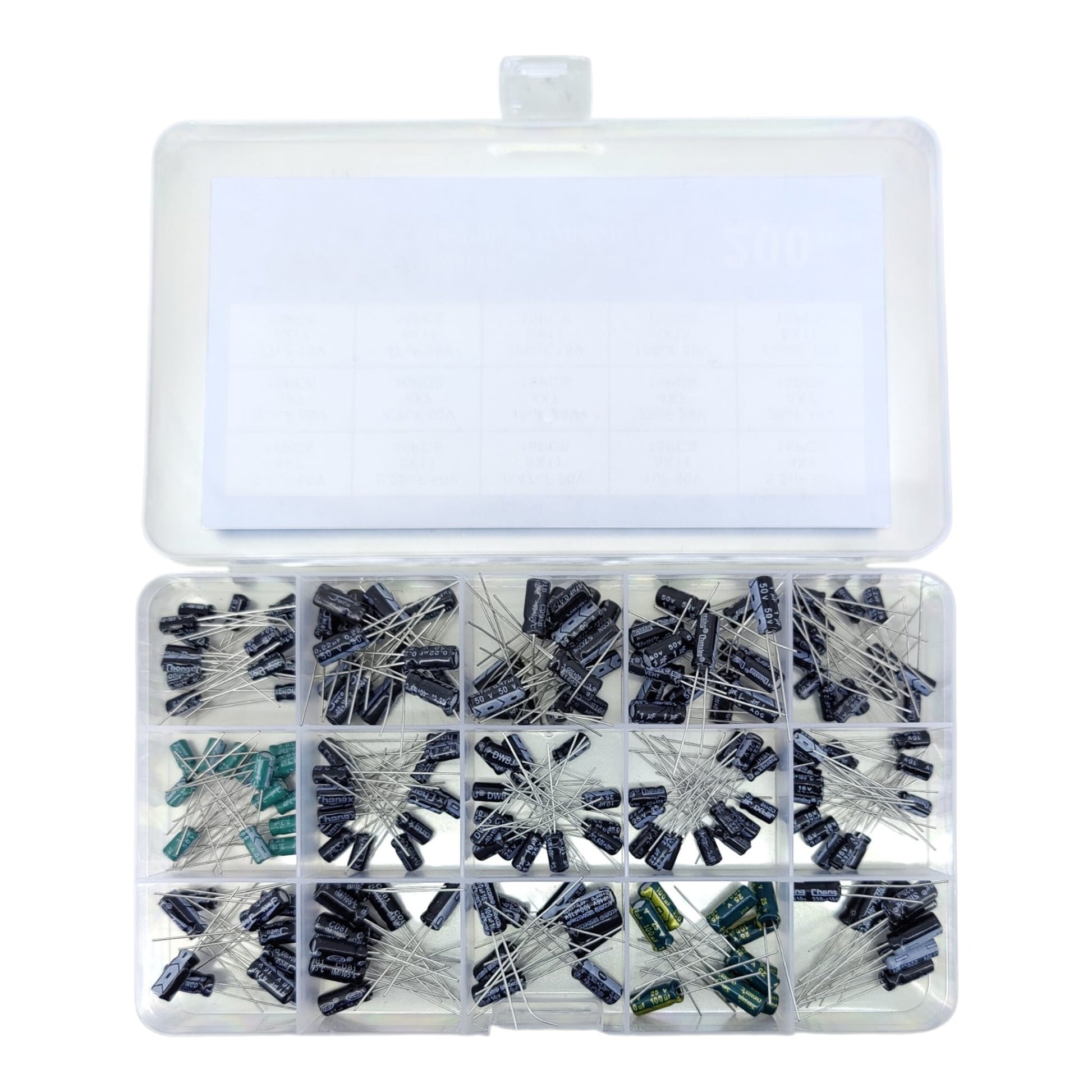 Top-down view of 200pcs electrolytic capacitor assortment kit with 15 values in a transparent organizer box.