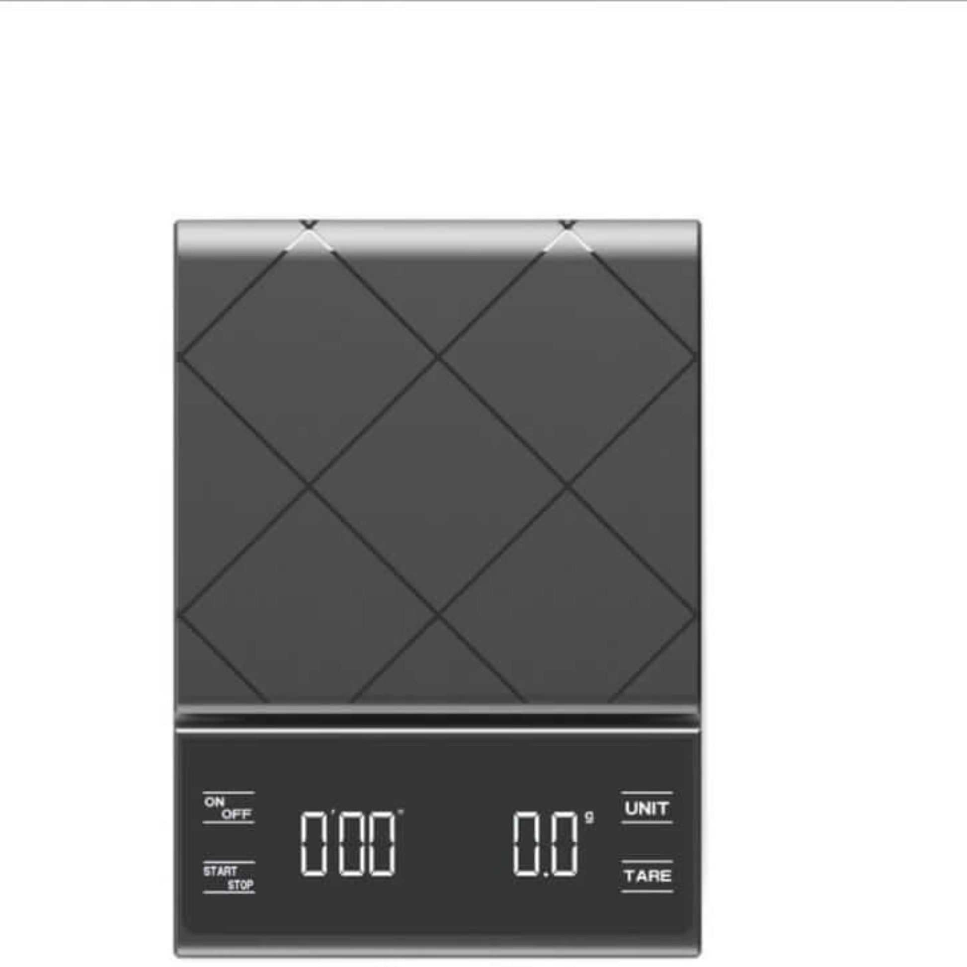 Electronic coffee scale close-up front view, showing timer, UNIT, and TARE buttons.