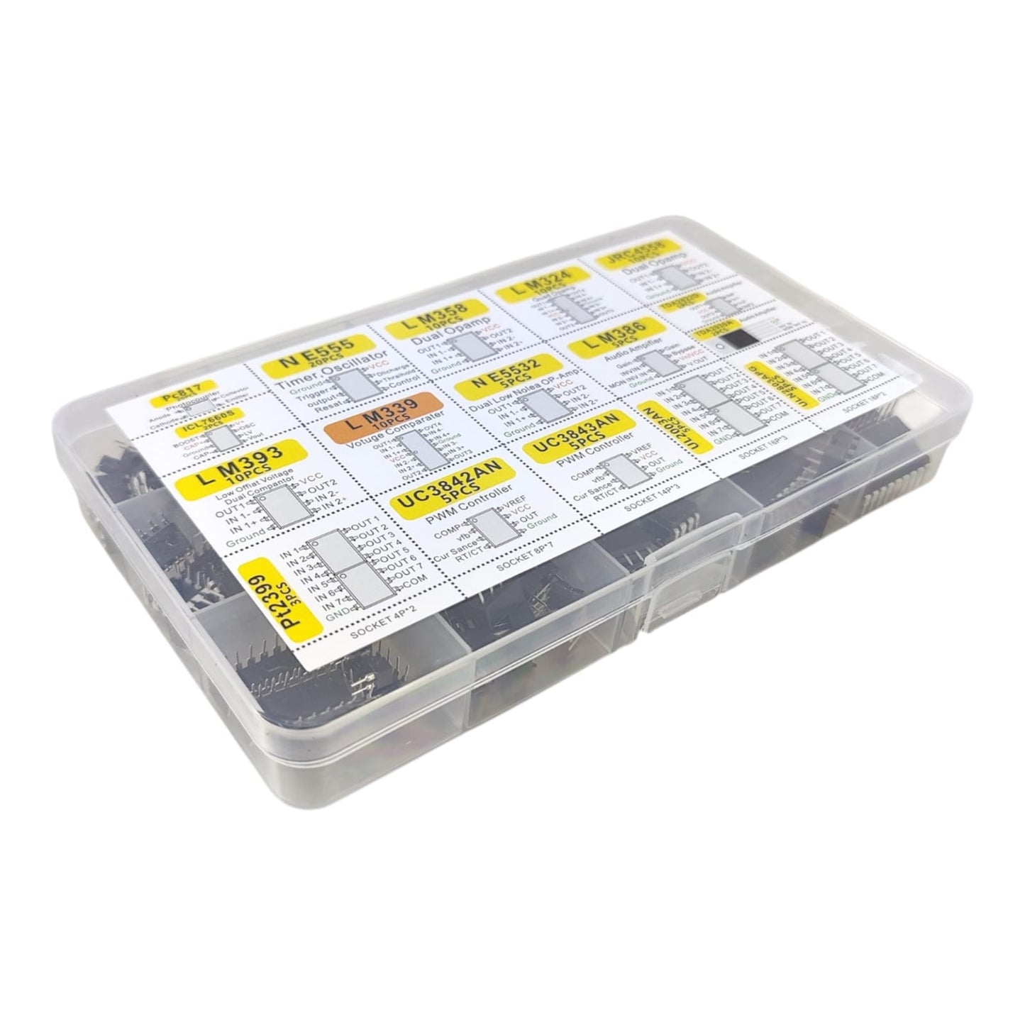 Side view of plastic organizer box containing 15 types of common electronic chips and ICs.