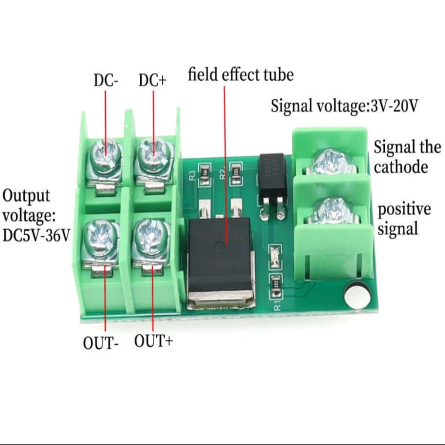 DC 5V-36V Electronic Pulse Trigger Switch Control Panel with labeled connections for efficient device control.