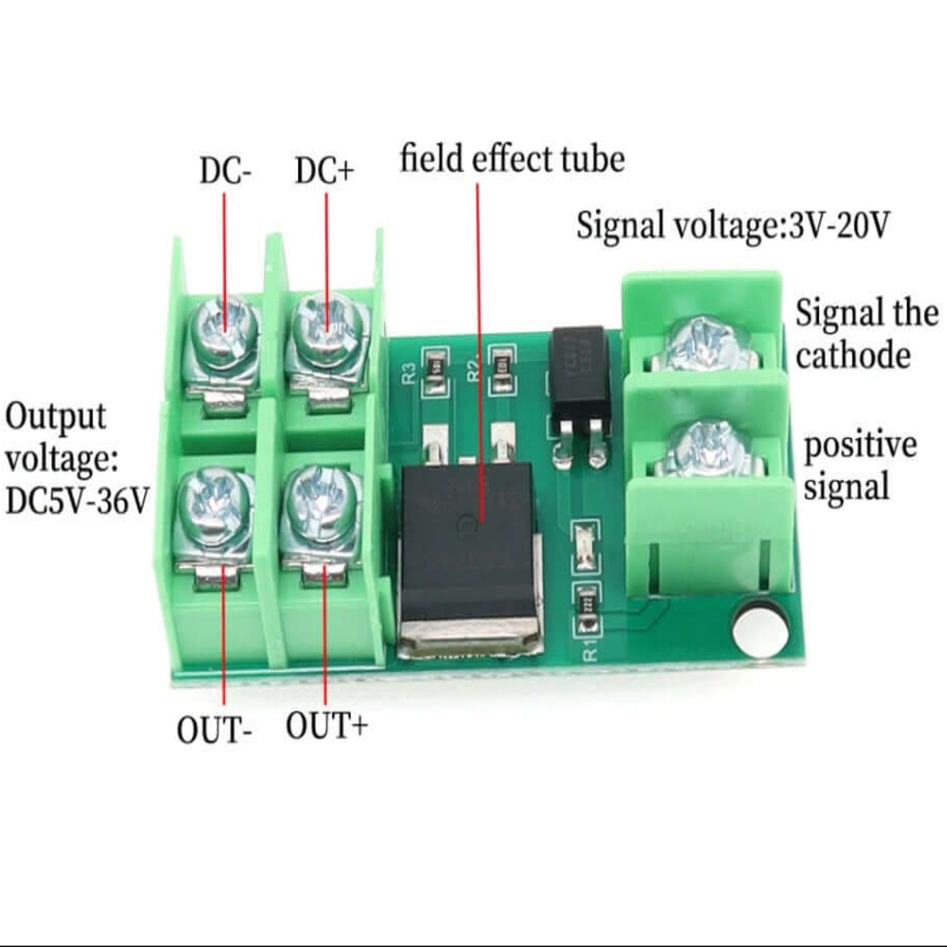 DC 5V-36V Electronic Pulse Trigger Switch Control Panel with labeled connections for efficient device control.