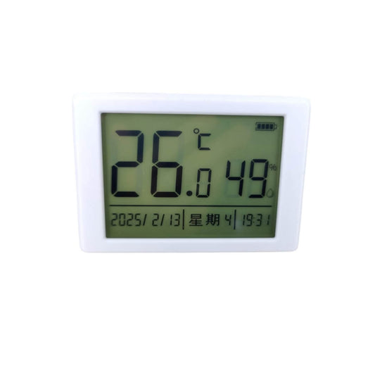 Digital electronic thermohygrometer with large LCD display showing indoor temperature, humidity, date, and time.