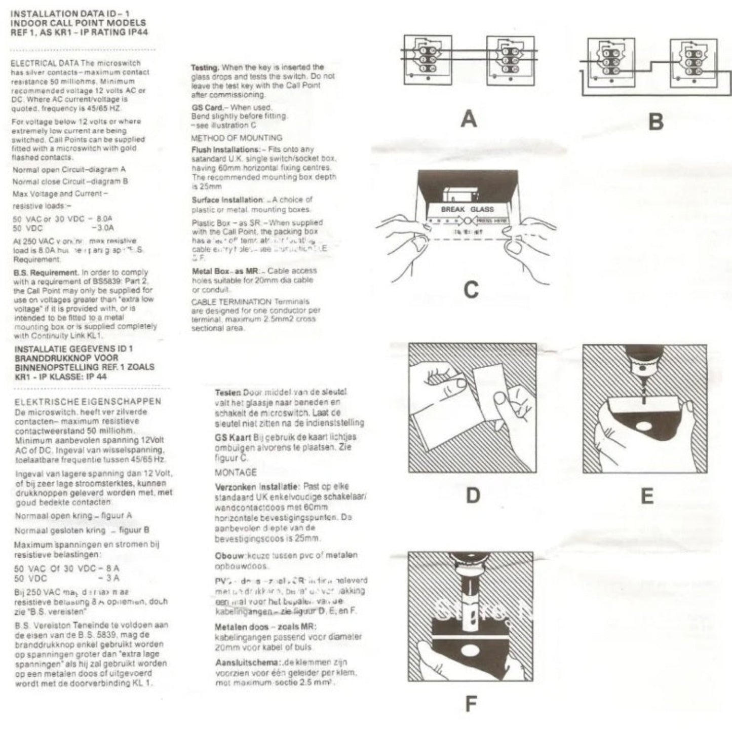 Installation and wiring diagram for the emergency break glass door release unit.
