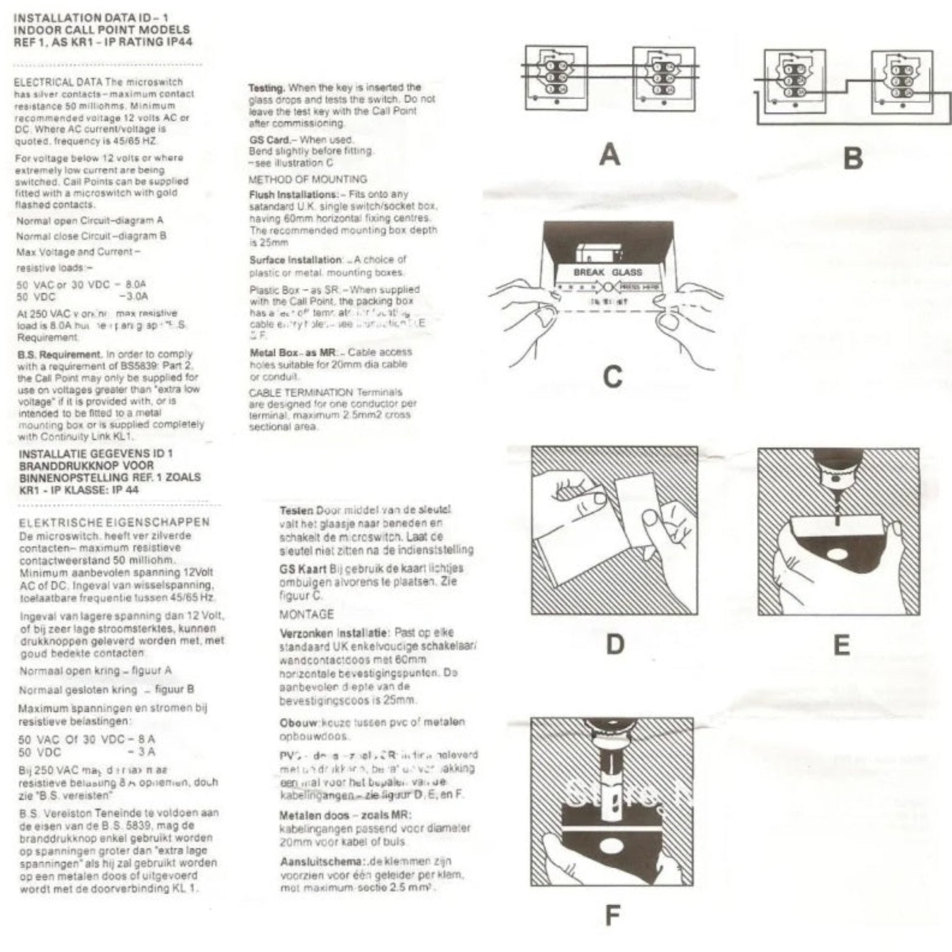 Installation and wiring diagram for the emergency break glass door release unit.