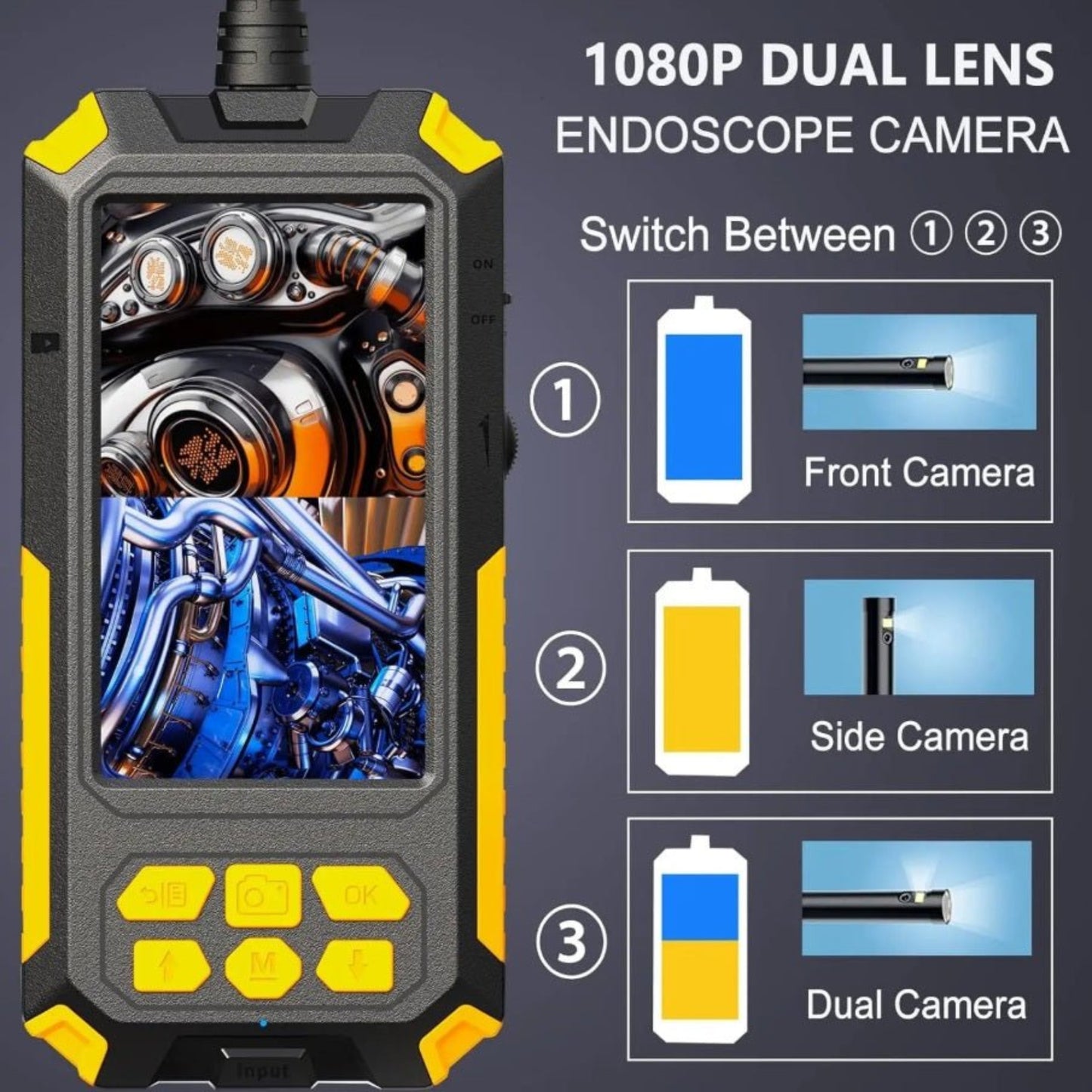 1080P dual lens endoscope camera display with options to switch between front, side, and dual views for inspections.