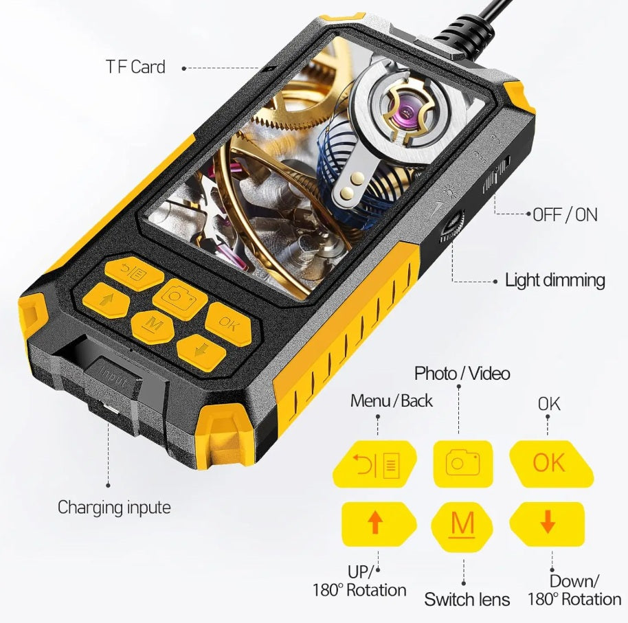 Dual lens endoscope camera detailed controls buttons charging input