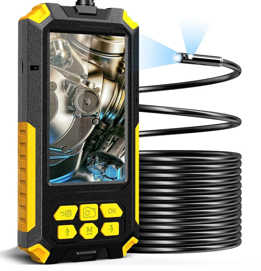 Yellow and black dual lens endoscope camera with coiled cable