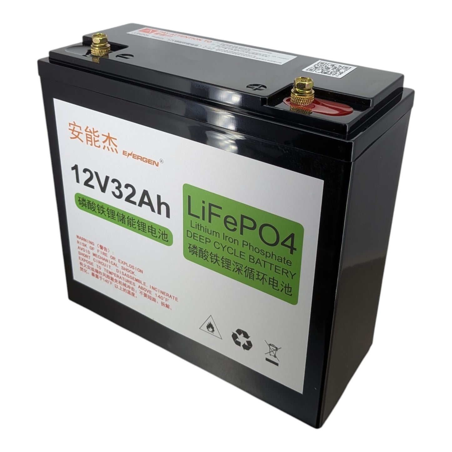 安能杰 Energen 12V 32Ah 磷酸鐵鋰深循環電池斜面，清晰標示 LiFePO4 綠色標籤及純銅接線柱，適合香港太陽能儲電使用。